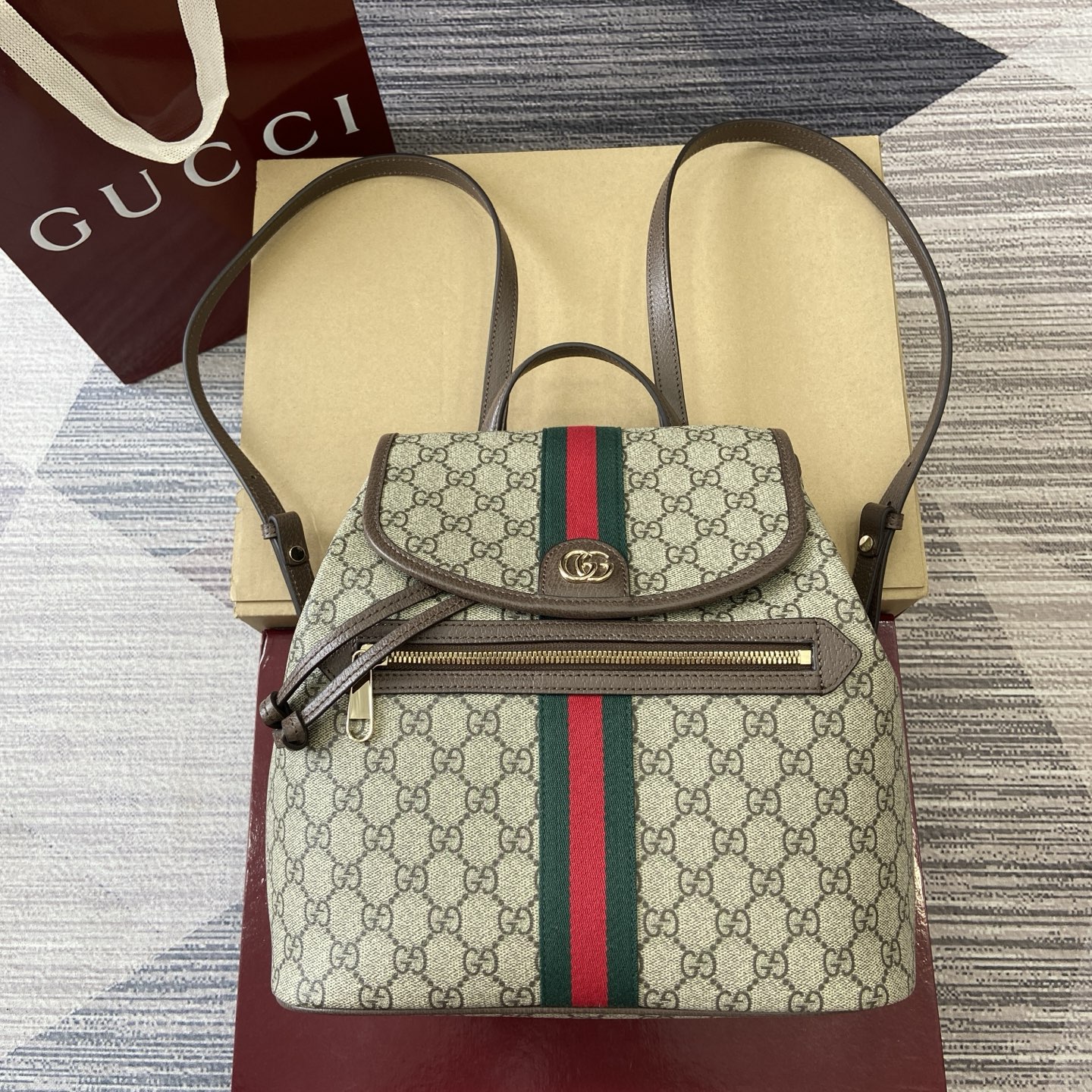 Gucci Ophidia GG Supreme Mini Backpack Beige/Brown Leather Trim, Top Handle 3 i1754118929916 7454 0 0
