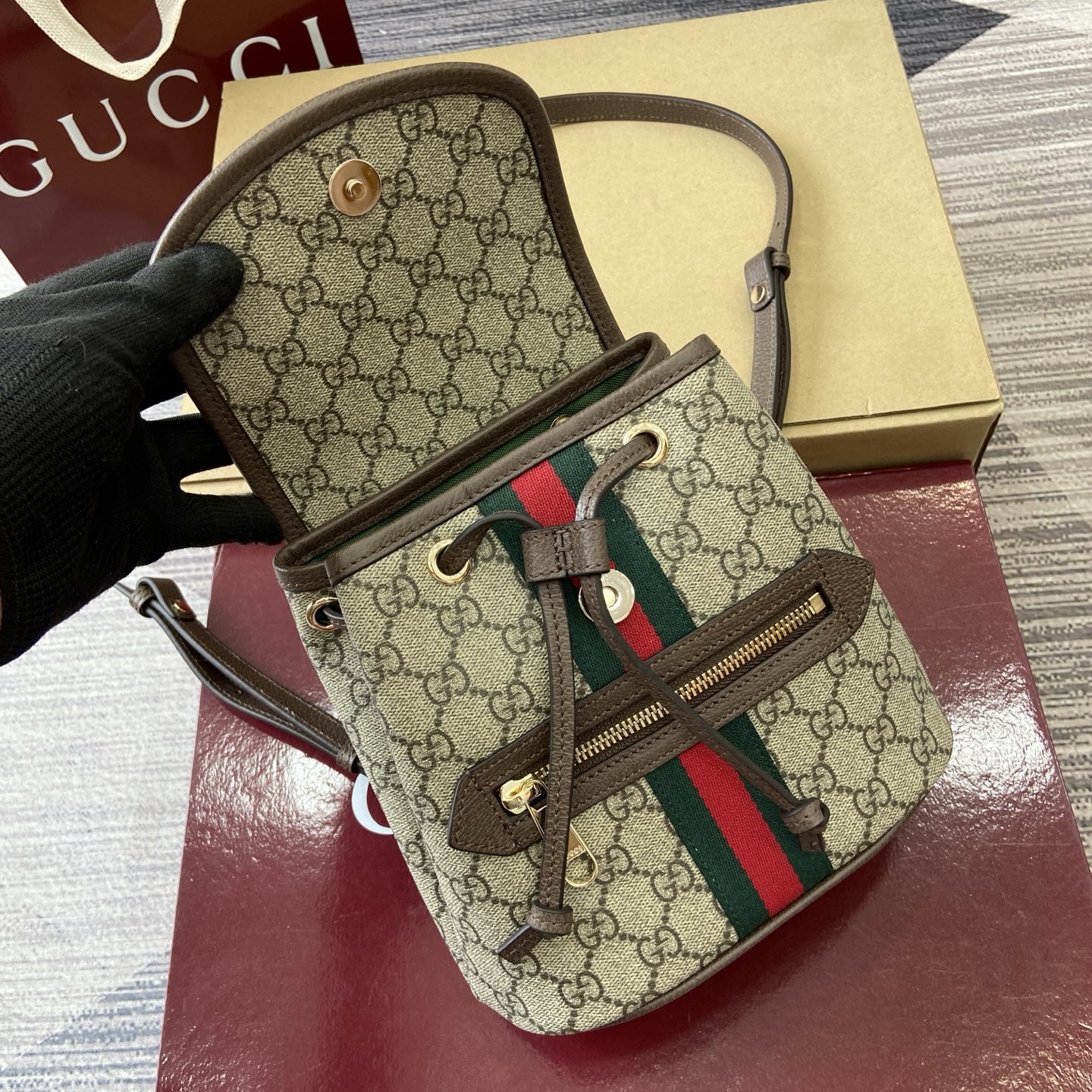 Gucci Ophidia GG Supreme Mini Backpack Beige/Brown, 19.5cm x 20cm x 12.5cm 11 i1754118938182 9312 0 9