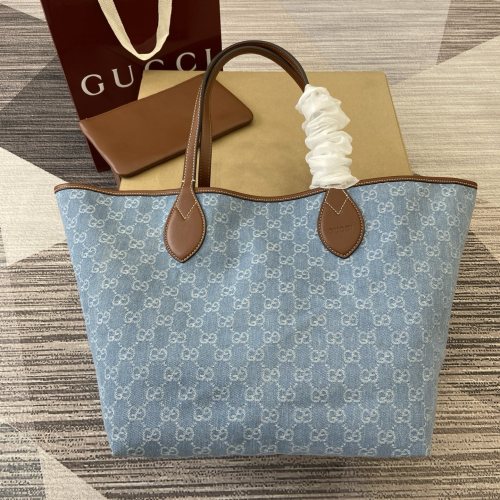 Gucci Totissima Denim Tote Bag, Blue and White with Brown Leather Trim