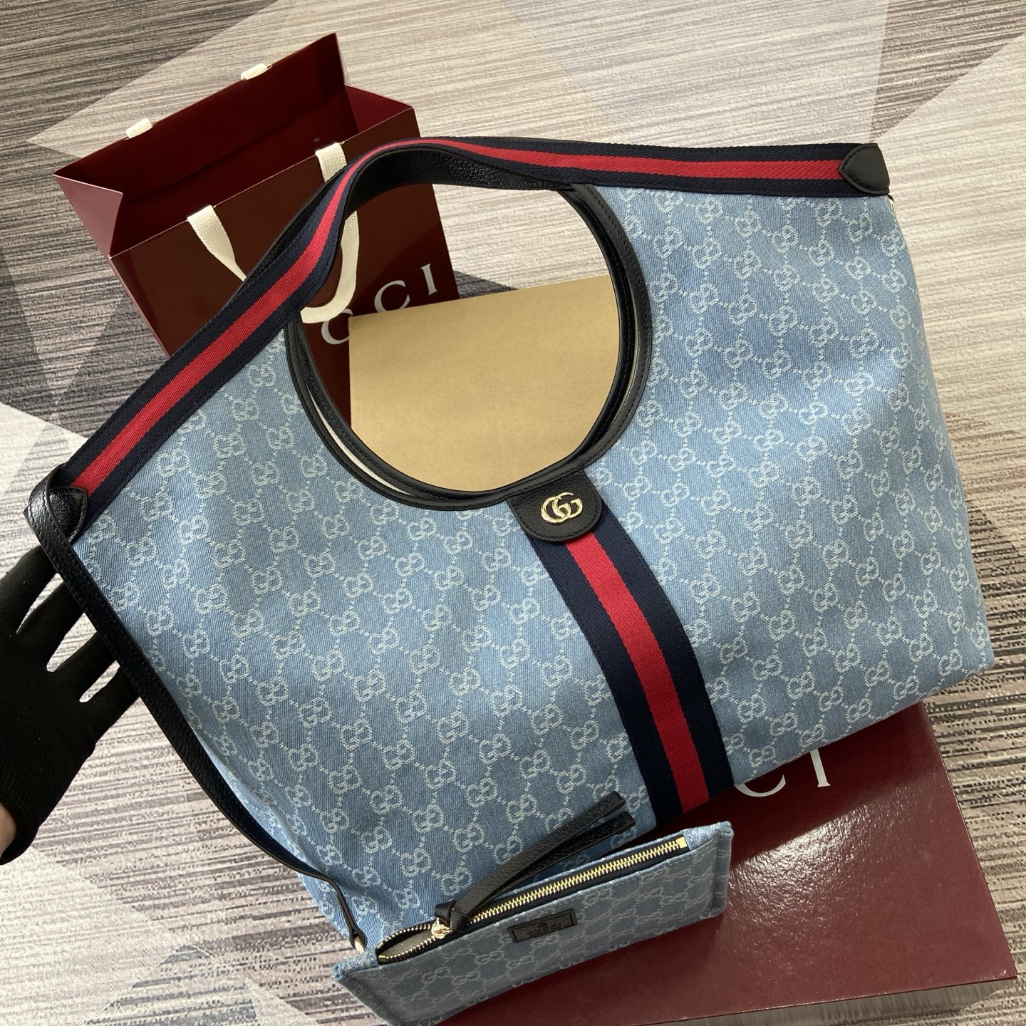 Gucci Giglio Denim Tote Bag with Removable Pouch - Blue/White 1 i1755849012999 7505 0 5