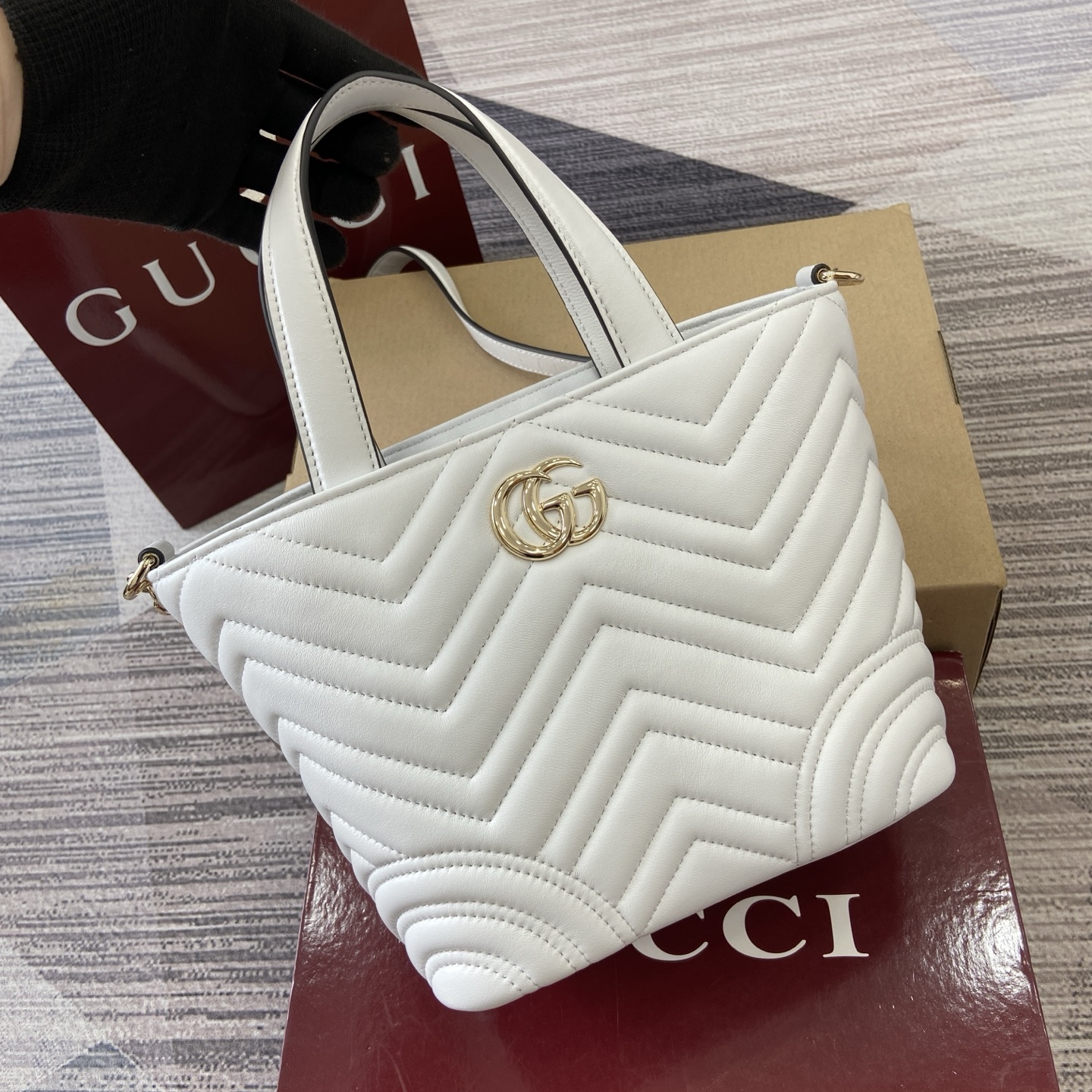 Gucci Marmont White Lambskin Leather Tote Bag with Chain Strap - Medium