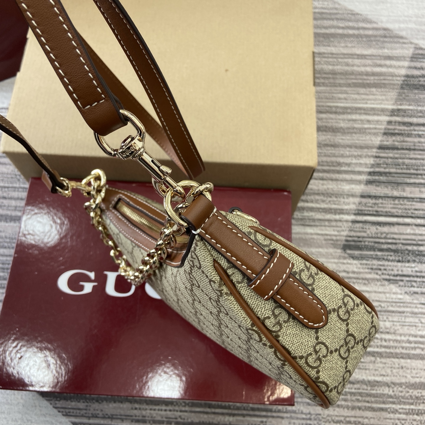 Gucci Emblem Shoulder Bag Beige and Dark Brown GG Coated Canvas, 24cm 10 i1755849306583 6089 0 8