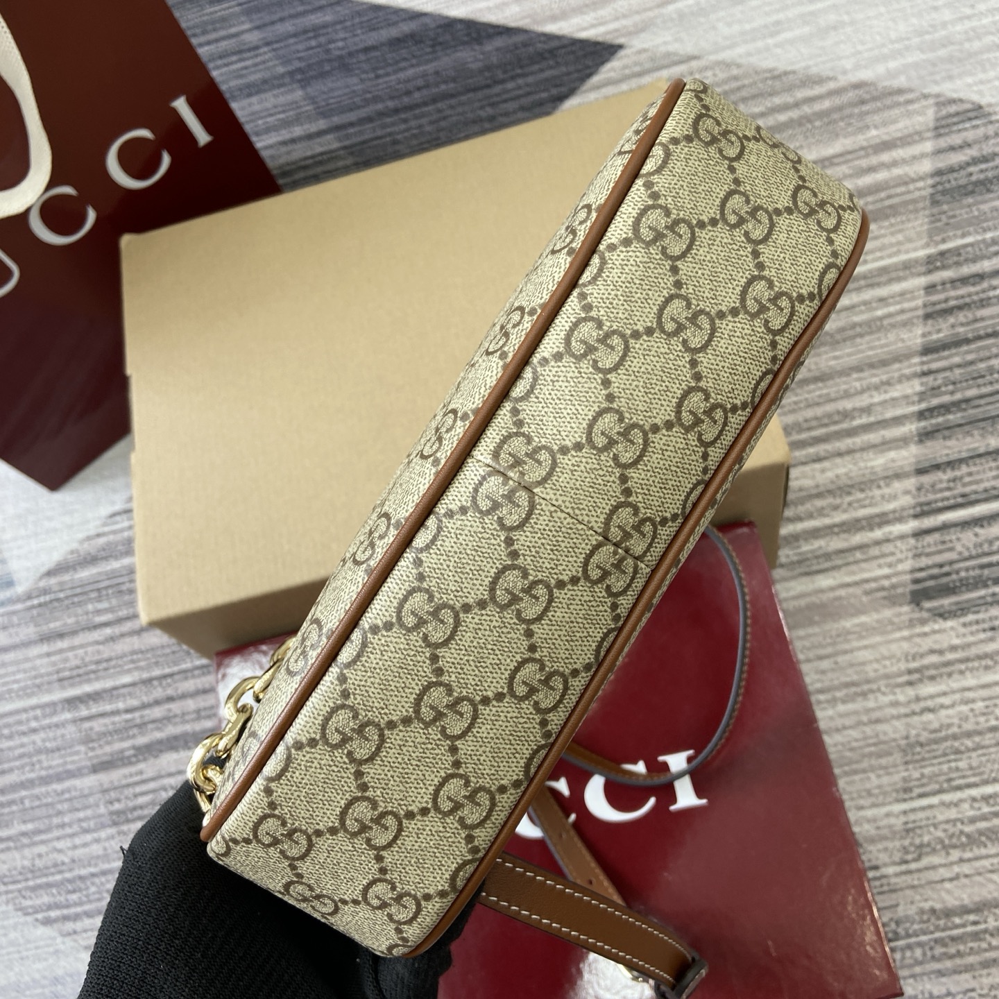 Gucci Emblem Shoulder Bag Beige and Dark Brown GG Coated Canvas, 24cm 8 i1755849308383 3569 0 7