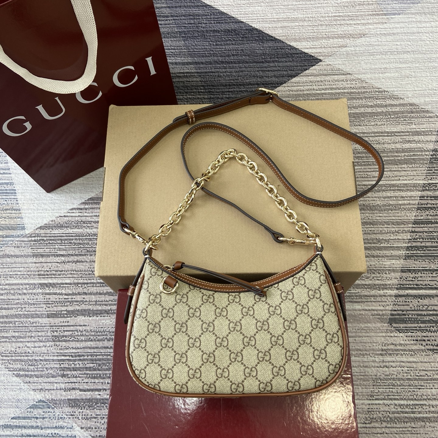 Gucci Emblem Shoulder Bag Beige and Dark Brown GG Coated Canvas, 24cm 2 i1755849308410 4145 0 0