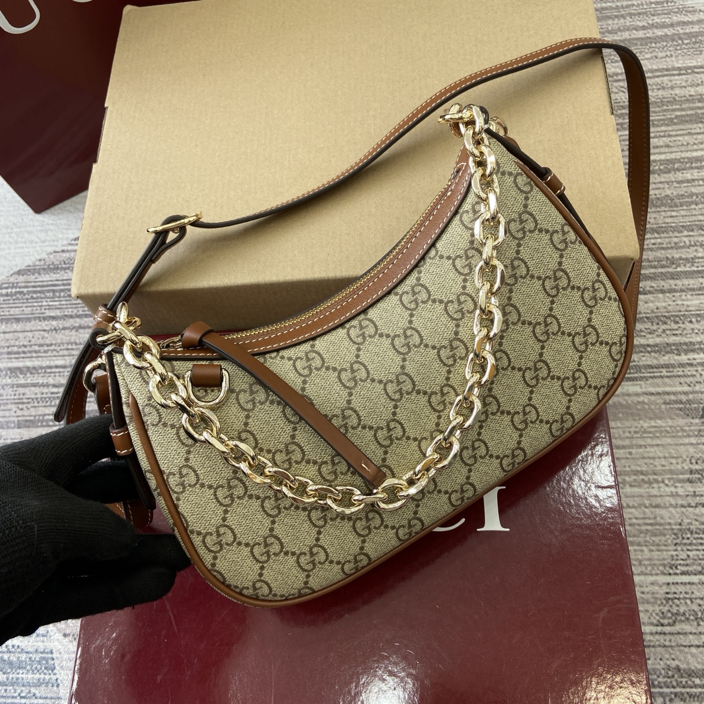 Gucci Emblem Shoulder Bag Beige and Dark Brown GG Coated Canvas, 24cm 1 i1755849308466 6413 0 4