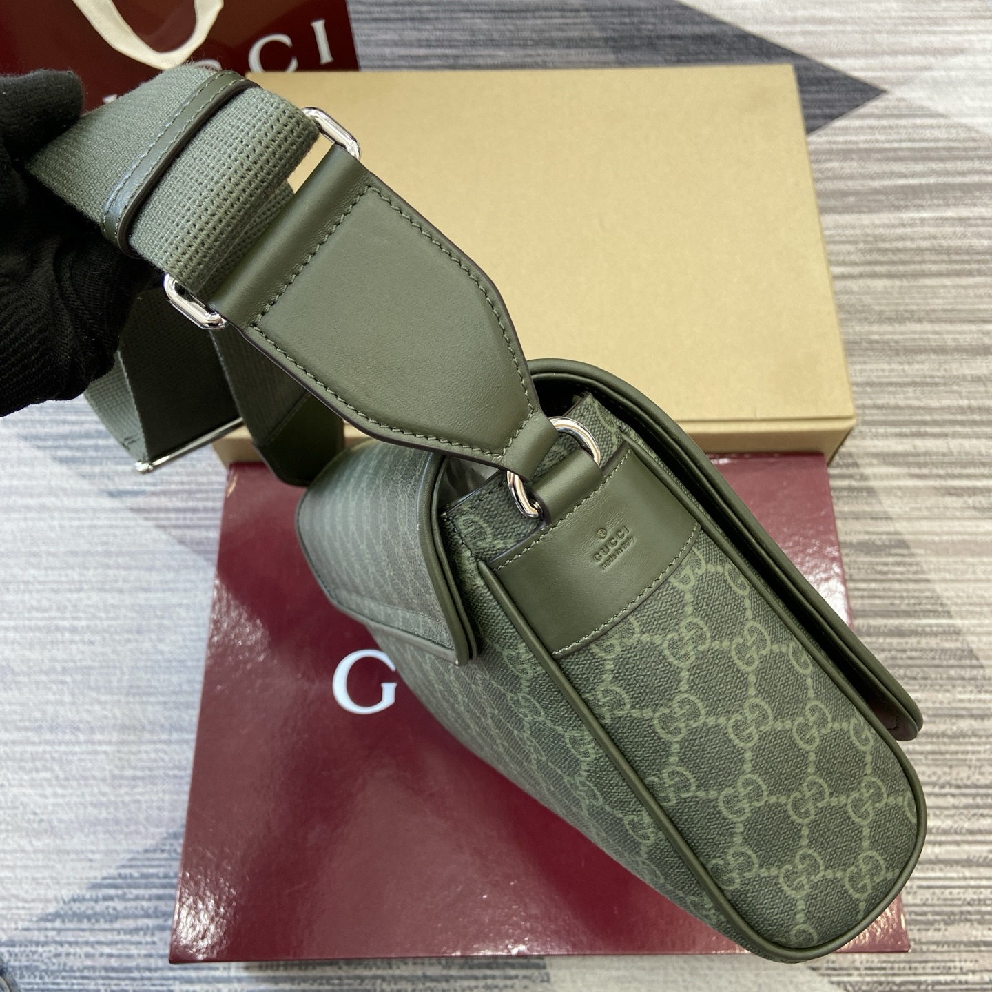 Gucci Medium Messenger Bag in Green Coated Fabric with Gucci Lettering 5 i1756271309470 7585 0 2