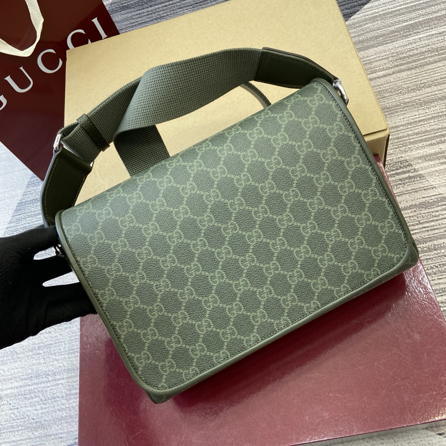 Gucci Medium Messenger Bag in Green Coated Fabric with Gucci Lettering 2 i1756271309494 685 0 5