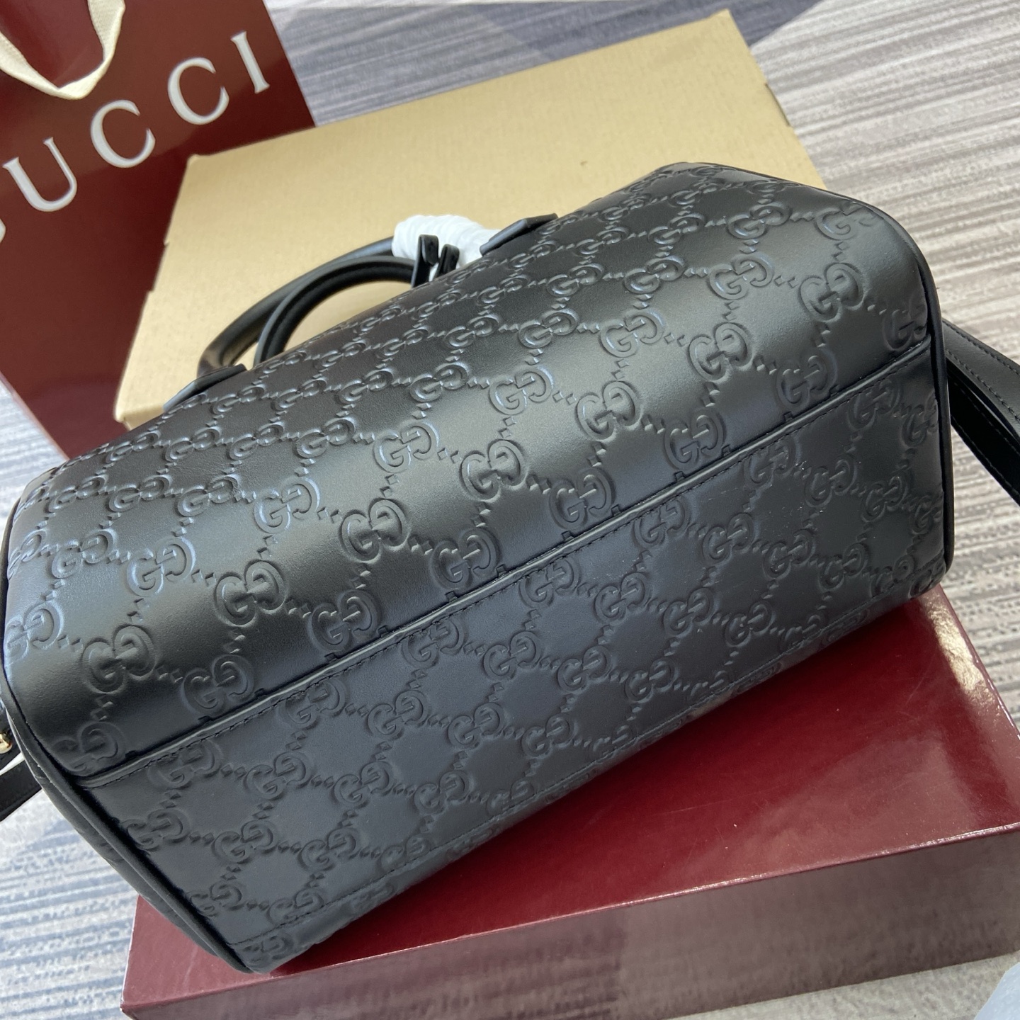 Gucci Emblem Boston Bag, Black Leather, Adjustable Strap - Style 848886 8 i1756271525301 4854 0 8