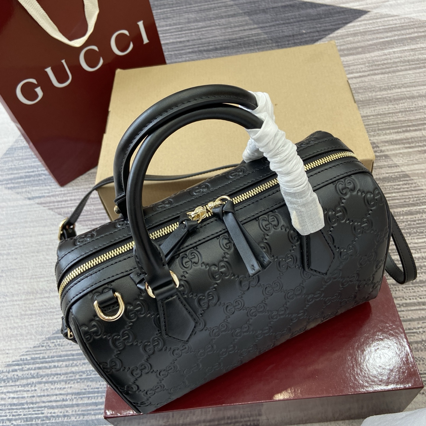 Gucci Emblem Boston Bag, Black Leather, Adjustable Strap - Style 848886 5 i1756271526841 7886 0 4
