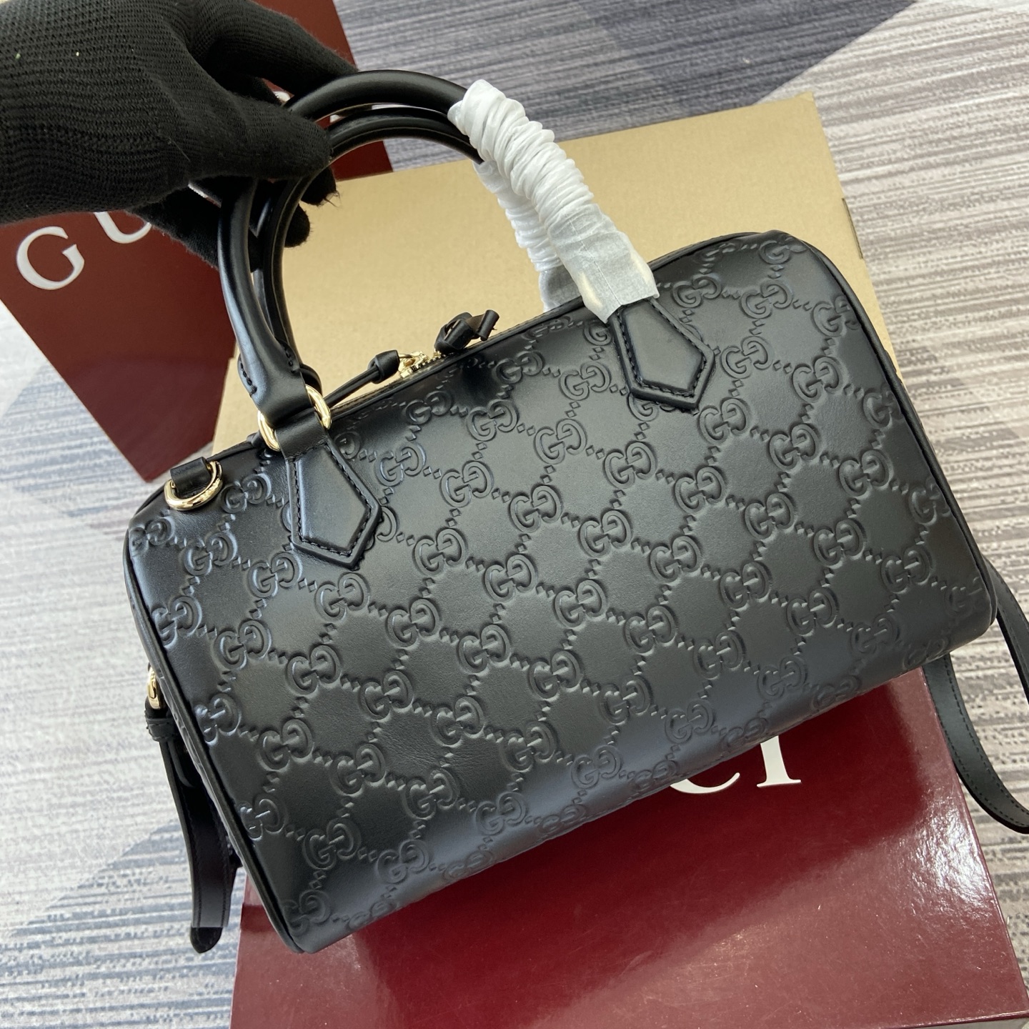 Gucci Emblem Boston Bag, Black Leather, Adjustable Strap - Style 848886 1 i1756271528618 5211 0 7