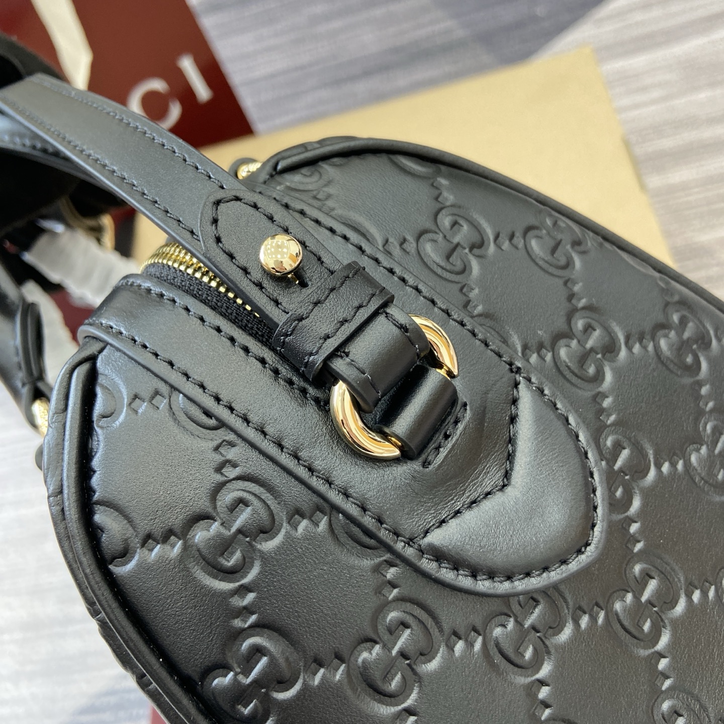 Gucci Emblem Boston Bag, Black Leather, Adjustable Strap - Style 848886 11 i1756271529683 2051 0 3