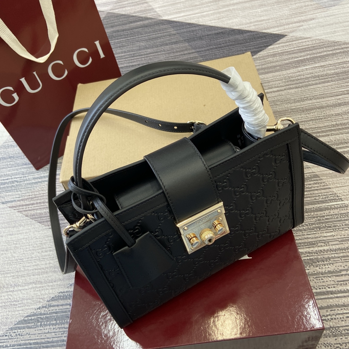 Gucci Padlock Embossed Leather Top Handle Bag, 25.5 cm, Black 6 i1756271563744 4214 0 3