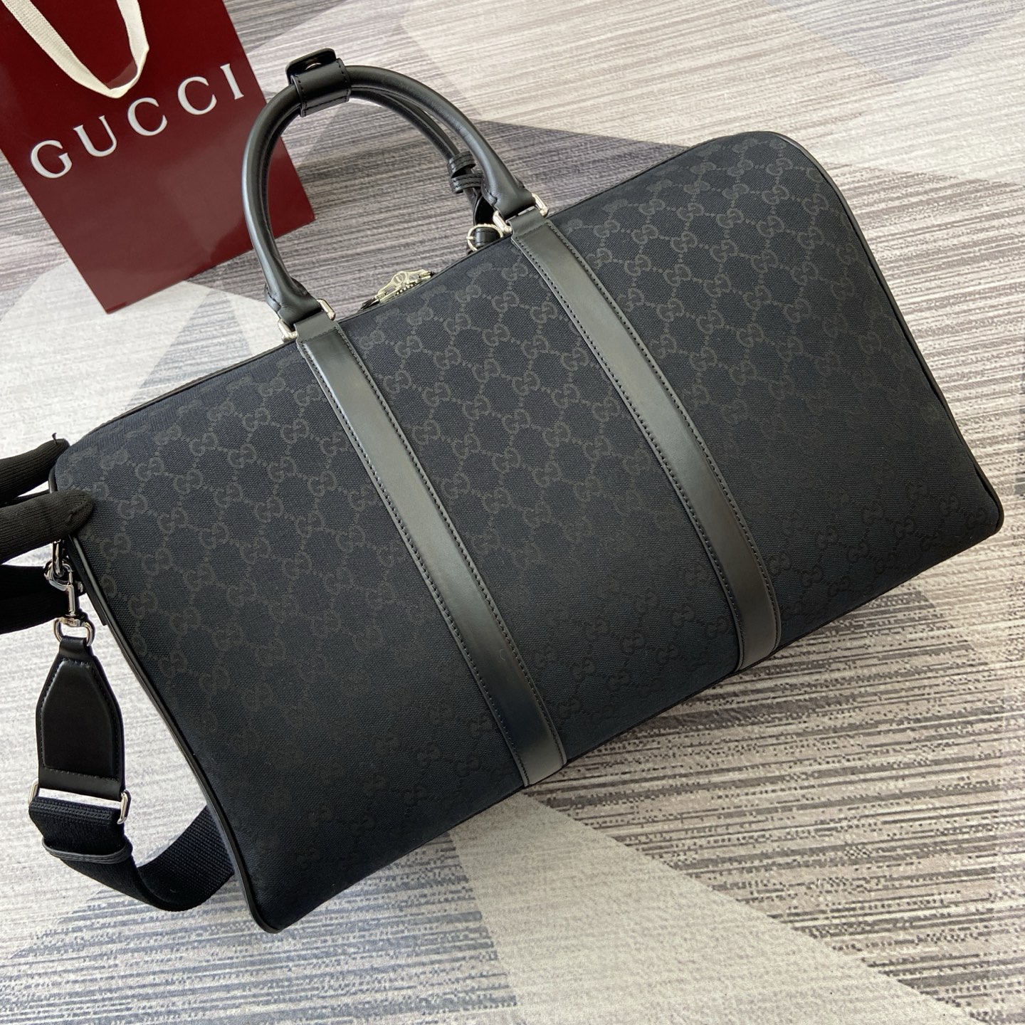Gucci Black GG Canvas Duffle Bag with Web Stripe Detail - 45x29x25cm 3 i1756375898394 3296 0 7