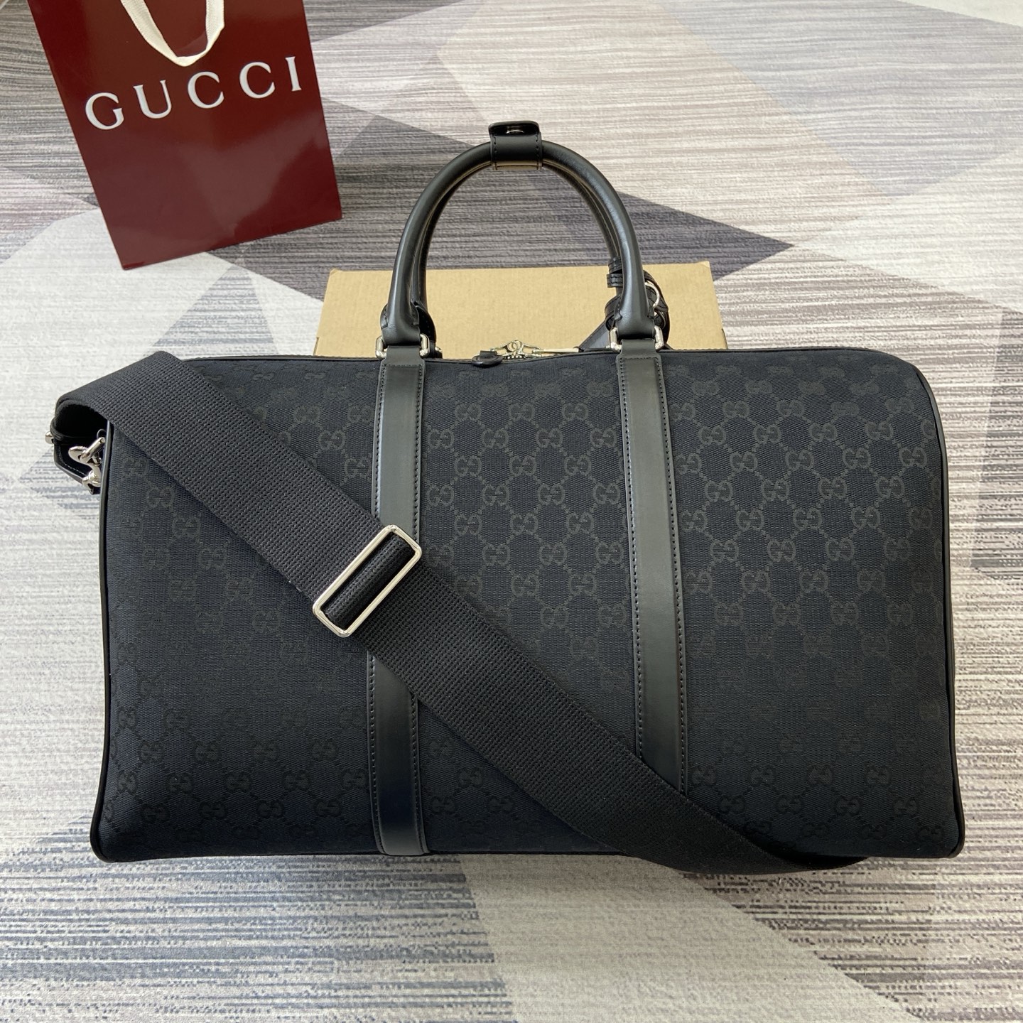 Gucci Black GG Canvas Duffle Bag with Web Stripe Detail - 45x29x25cm 2 i1756375898484 9869 0 1