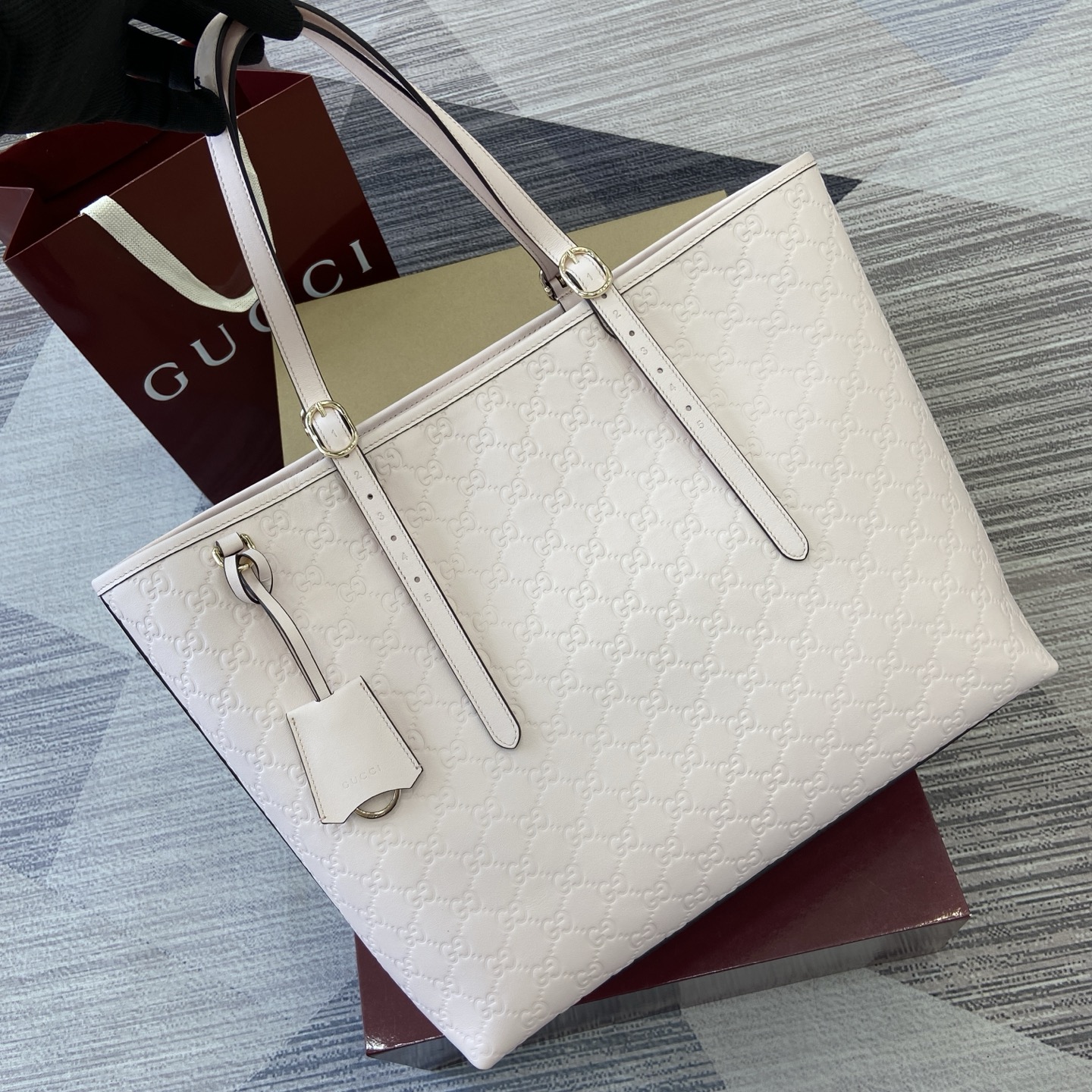 Gucci Emblem Embossed Leather Tote Bag, 37cm, Light Pink, Gold-tone hardware 2 i1756529641904 335 0 4