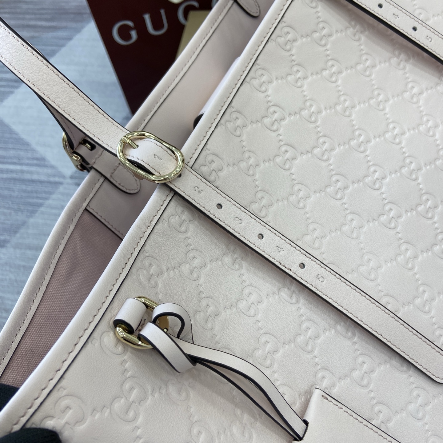 Gucci Emblem Embossed Leather Tote Bag, 37cm, Light Pink, Gold-tone hardware 13 i1756529642243 3088 0 10