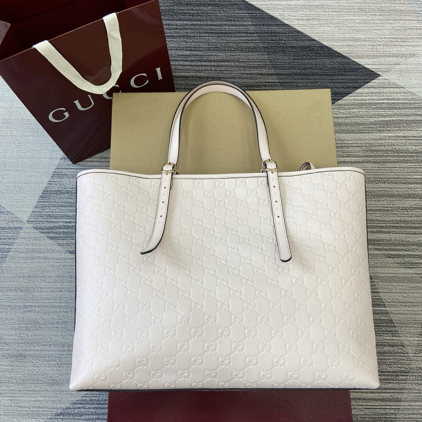 Gucci Emblem Embossed Leather Tote Bag, 37cm, Light Pink, Gold-tone hardware 4 i1756529643701 361 0 1