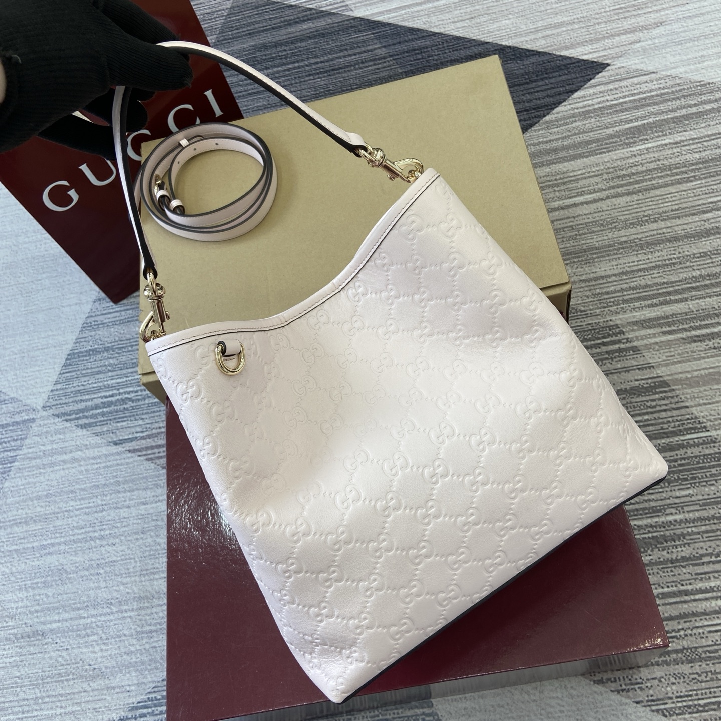 Gucci Emblem Embossed Leather Bucket Bag, Light Pink, Detachable Strap 2 i1756529650156 402 0 5