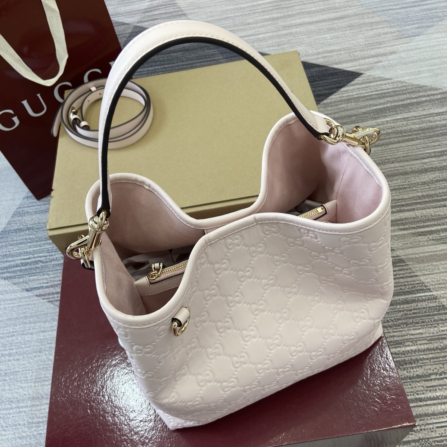 Gucci Emblem Embossed Leather Bucket Bag, Light Pink, Detachable Strap 7 i1756529651992 6767 0 4