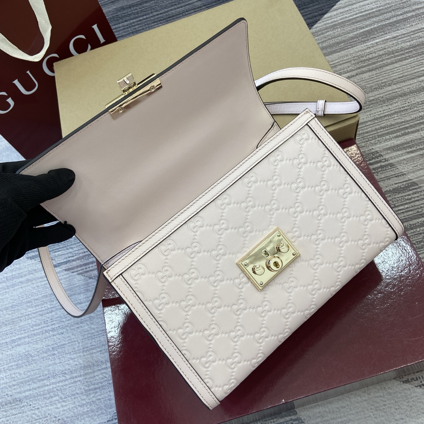 Gucci Padlock Embossed Leather Top Handle Bag - Light Pink, 26cm 6 i1756529804370 5213 0 9