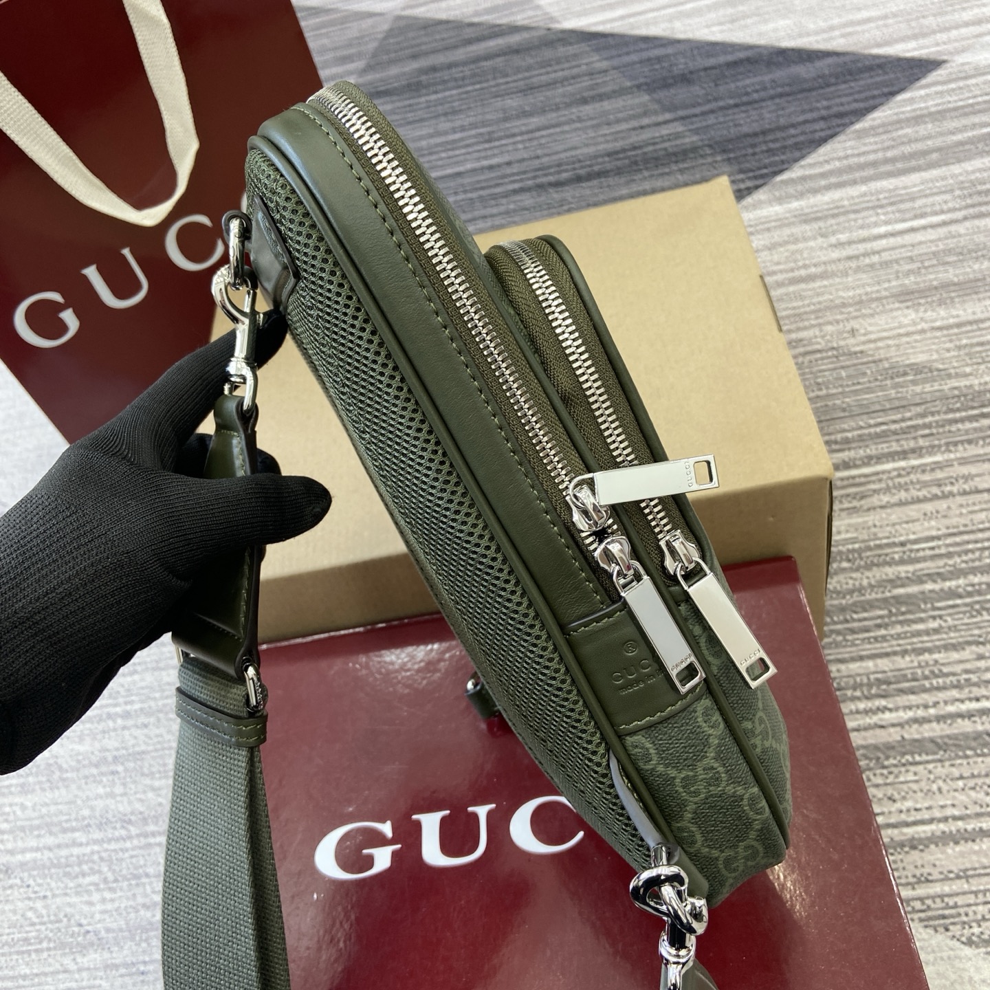 Gucci Supremee Canvas Small Messenger Bag, Forest Green Leather Trim 4 i1756625952654 1231 0 3