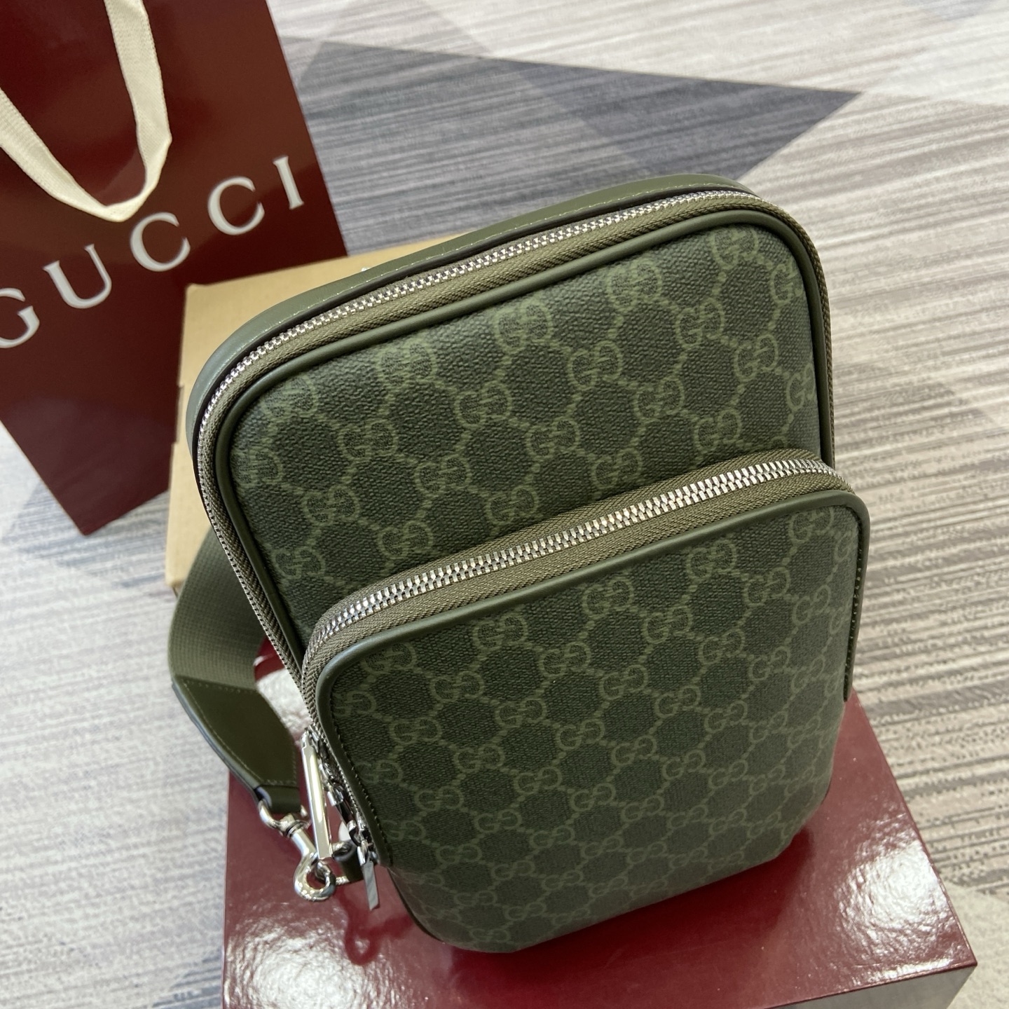 Gucci Supremee Canvas Small Messenger Bag, Forest Green Leather Trim 6 i1756625952741 7058 0 5