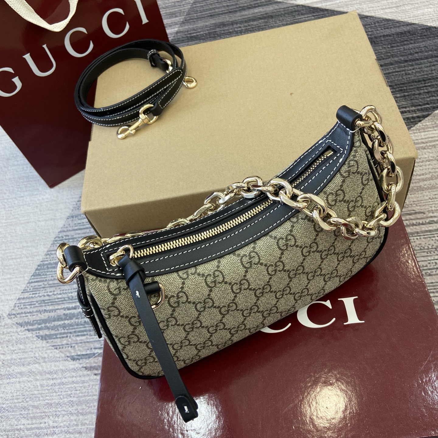 Gucci Emblem Beige and Brown Coated Fabric Shoulder Bag with Chain Strap 5 i1756786236522 1080 0 3