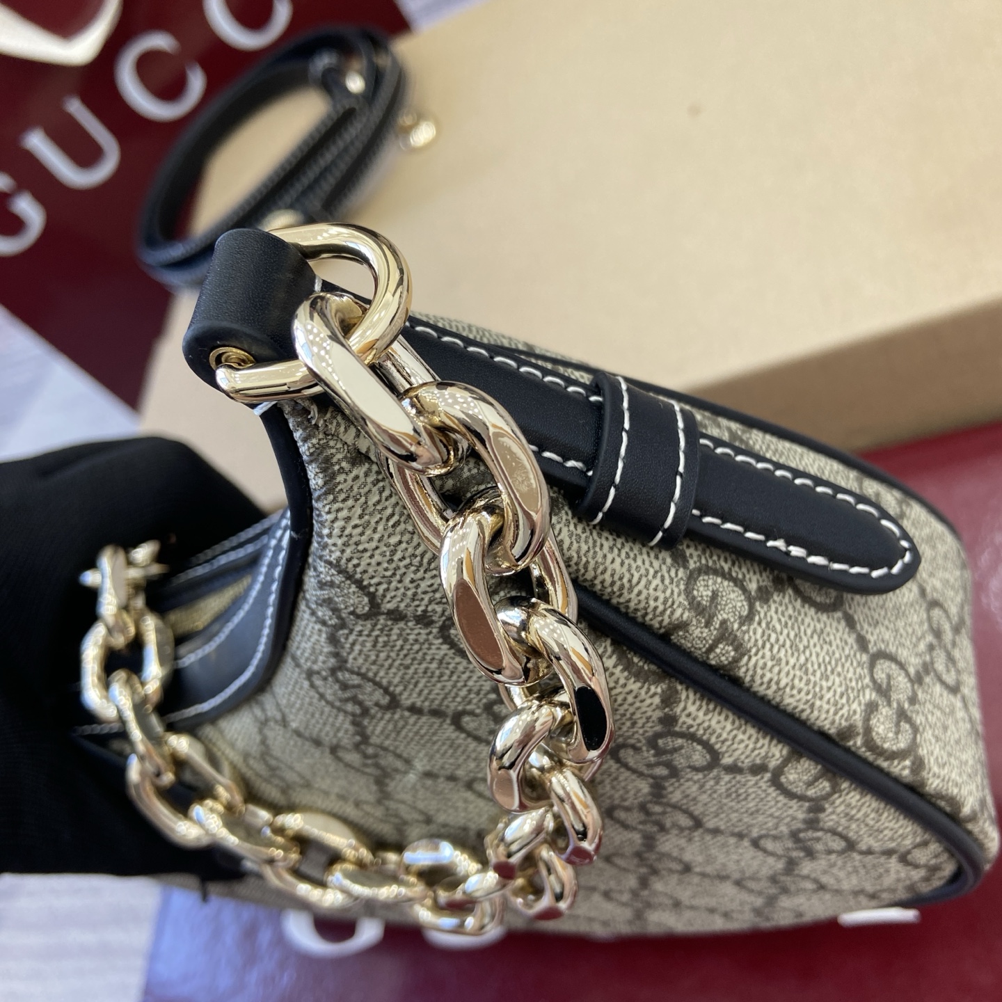 Gucci Emblem Beige and Brown Coated Fabric Shoulder Bag with Chain Strap 8 i1756786239566 5756 0 7
