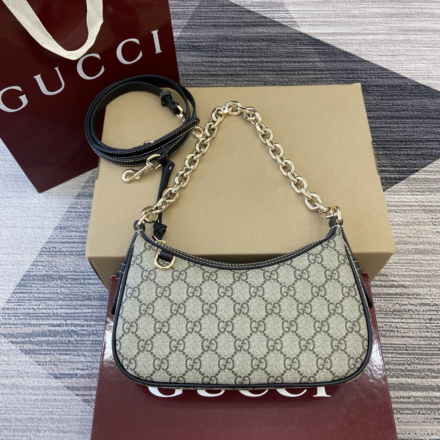 Gucci Emblem Beige and Brown Coated Fabric Shoulder Bag with Chain Strap 3 i1756786239576 4032 0 0