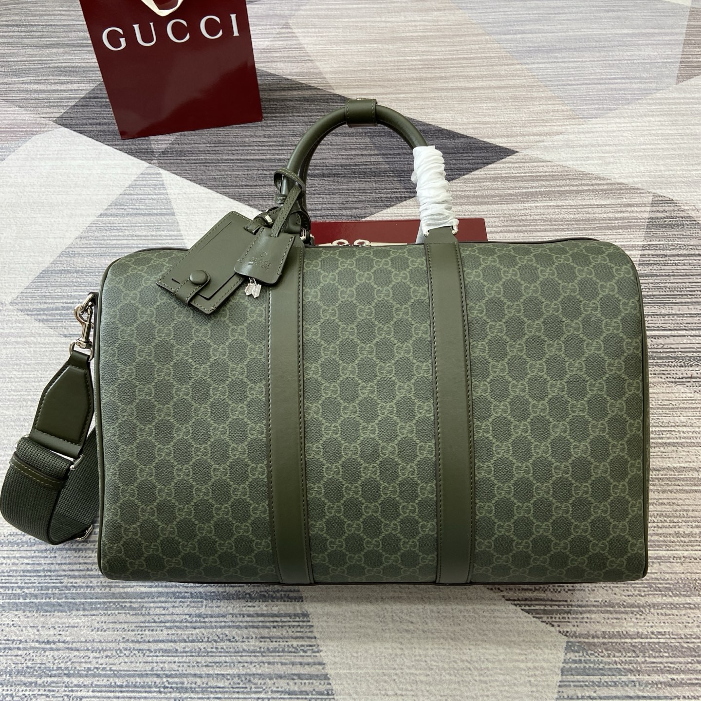 Gucci Medium Duffle Bag in Green GG Coated Fabric with Leather Trim