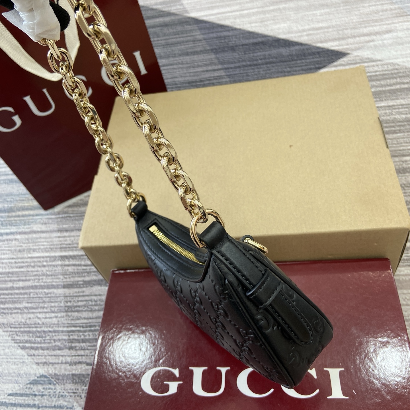 Gucci Emblem Black Embossed Leather Small Shoulder Bag with Chain Strap 13 i1757309061661 2762 0 2
