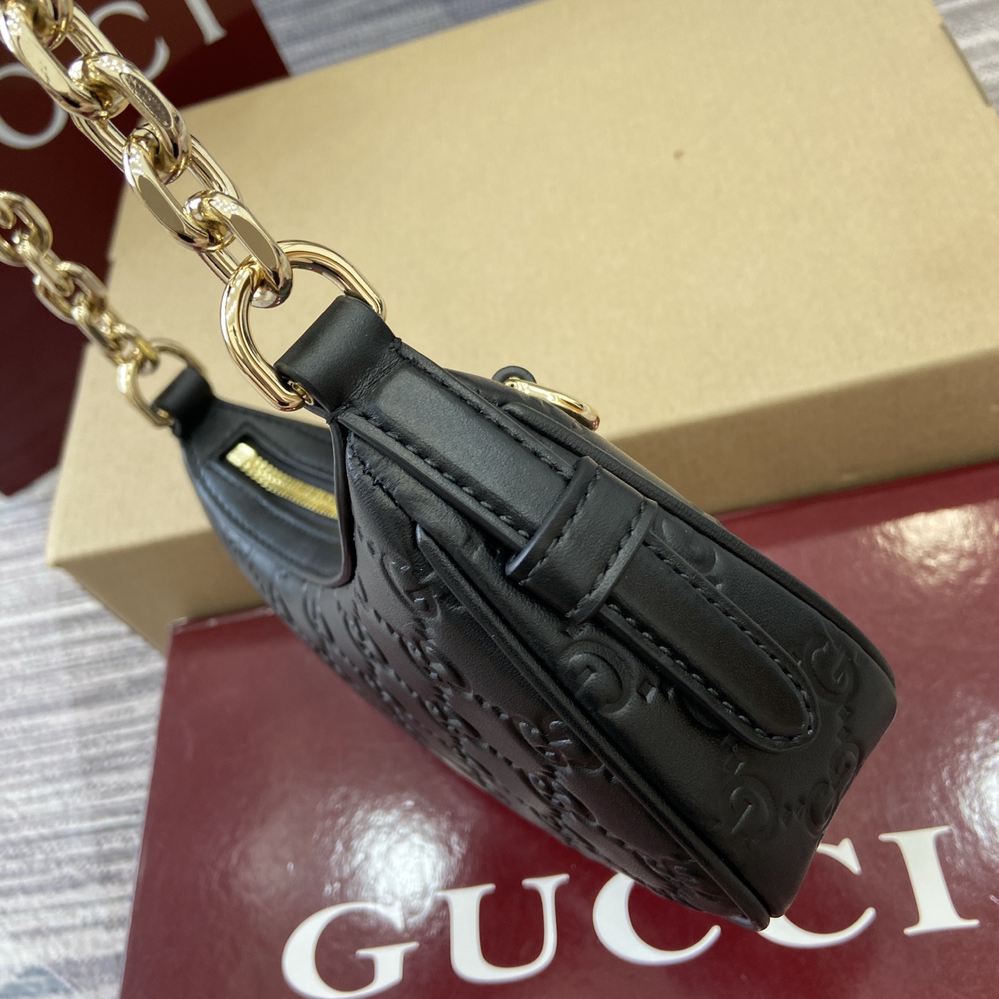 Gucci Emblem Black Embossed Leather Small Shoulder Bag with Chain Strap 5 i1757309065126 4684 0 3