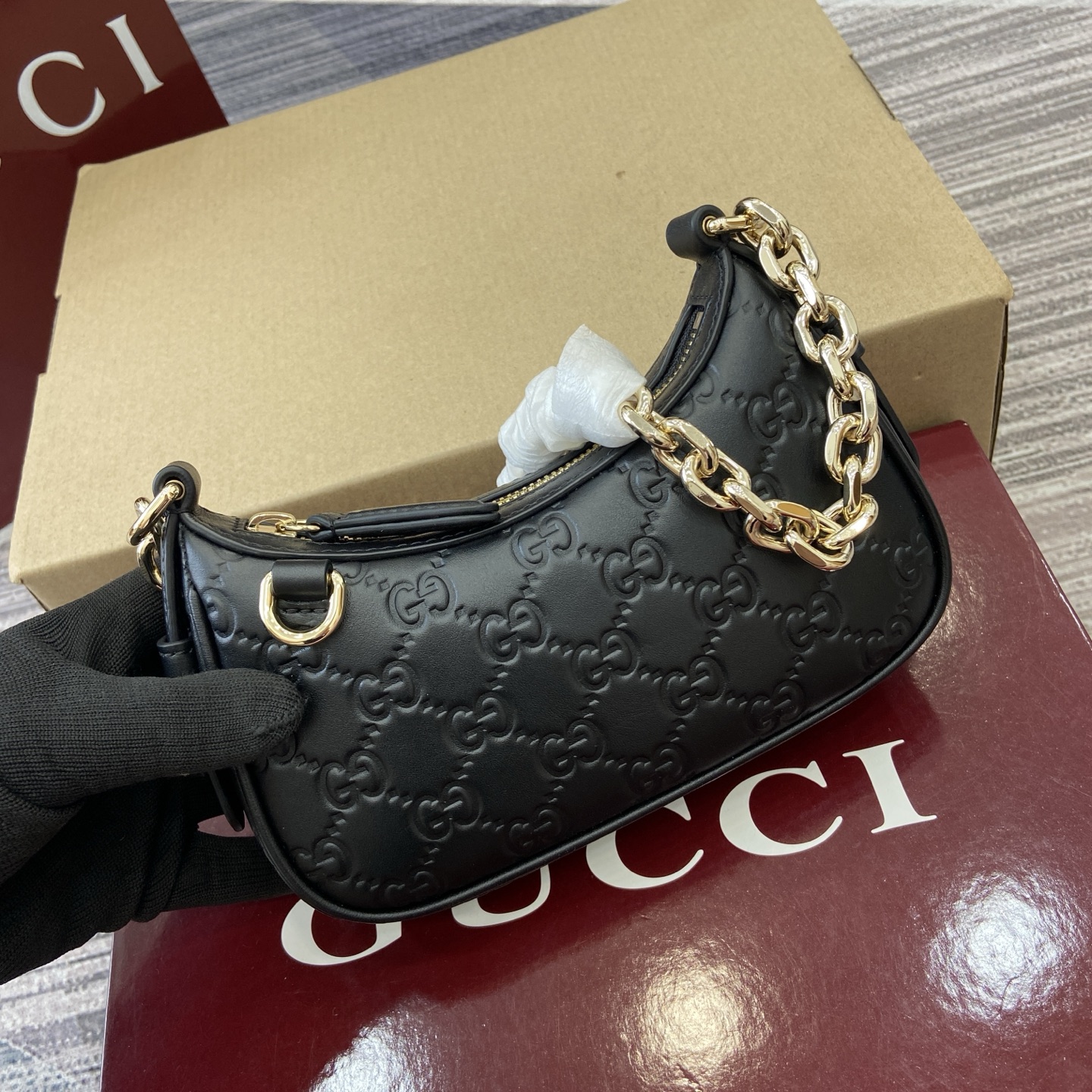 Gucci Emblem Black Embossed Leather Small Shoulder Bag with Chain Strap 2 i1757309065127 5266 0 8