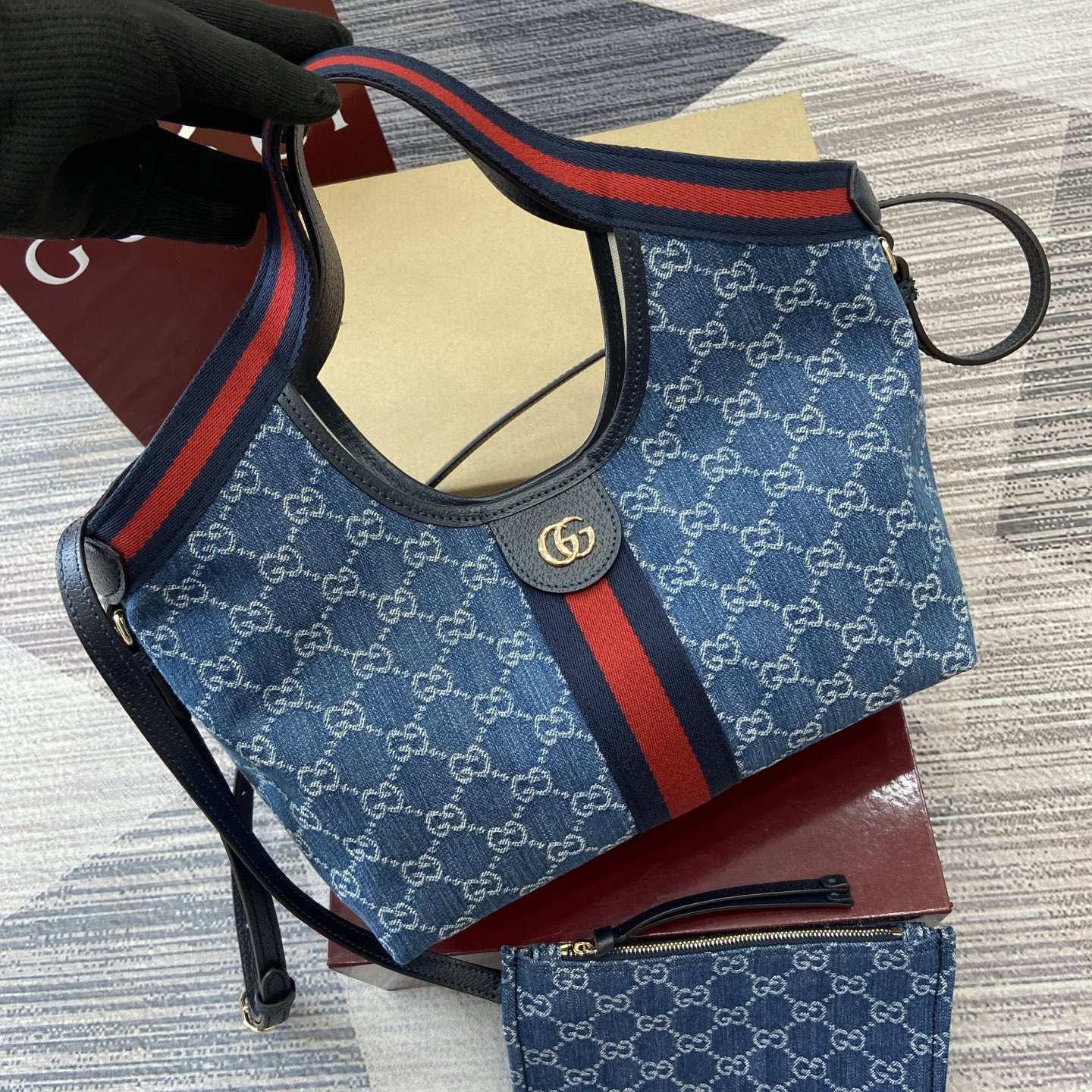 Gucci Giglio Small Tote Bag in Blue Denim Canvas with Web Trim 2 i1757309133580 5790 0 3