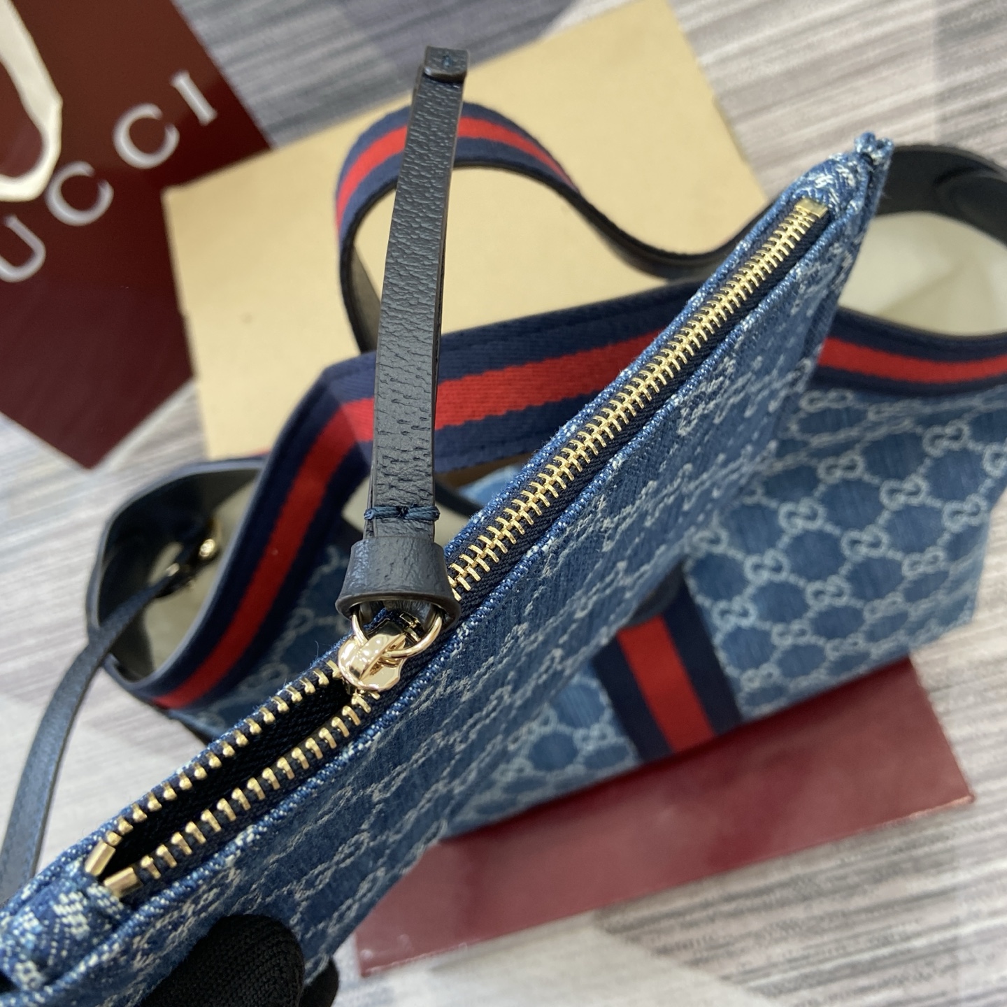 Gucci Giglio Small Tote Bag in Blue Denim Canvas with Web Trim 6 i1757309134797 8582 0 5
