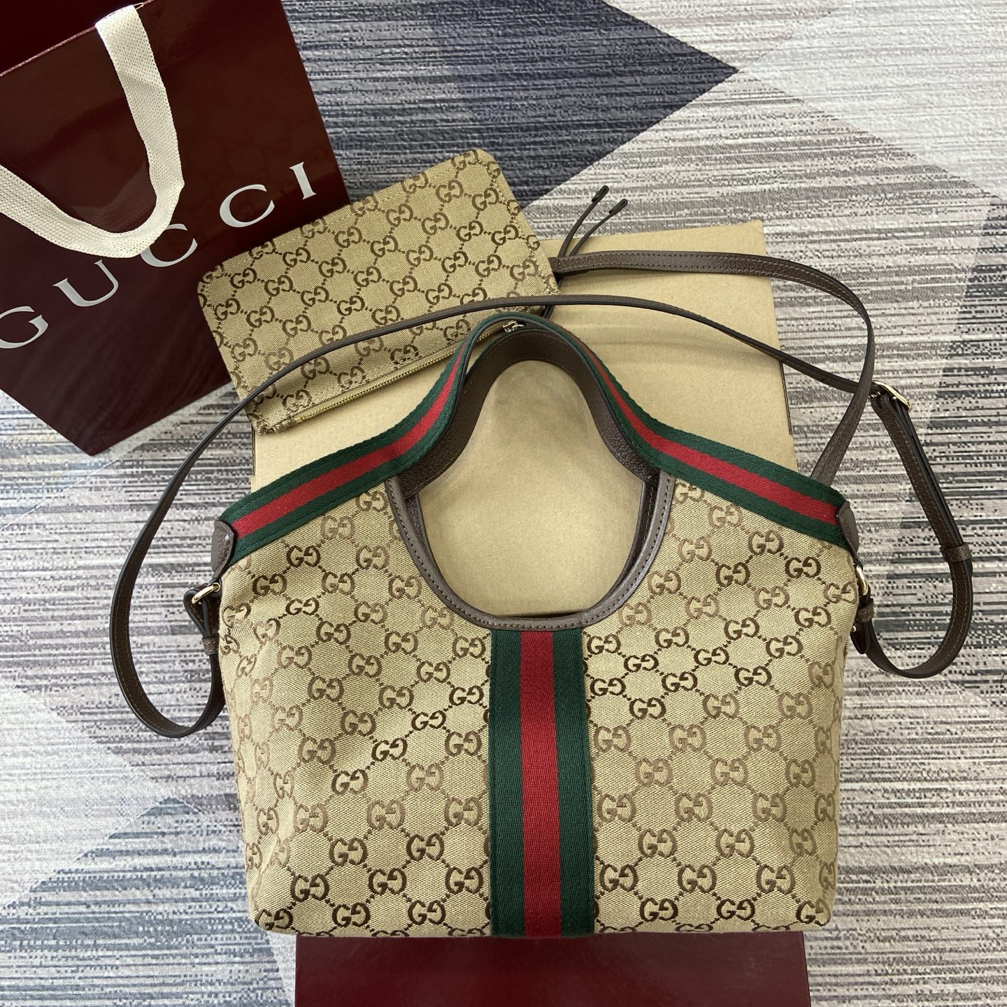 Gucci Giglio Small Tote Bag GG Canvas with Removable Pouch - Brown/Beige 4 i1757309149977 8066 0 1