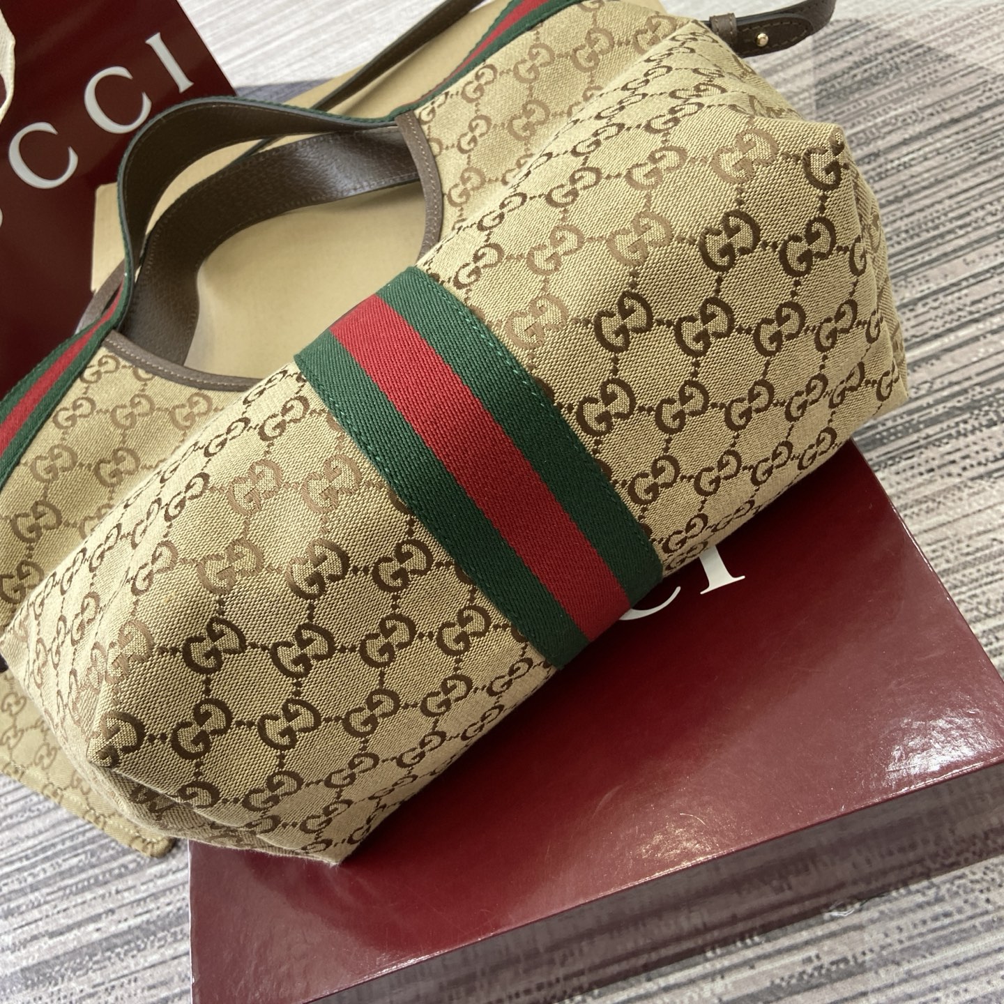 Gucci Giglio Small Canvas Tote Bag with Web Trim, Brown/Beige, 25x20x15cm 8 i1757578847164 8091 0 7