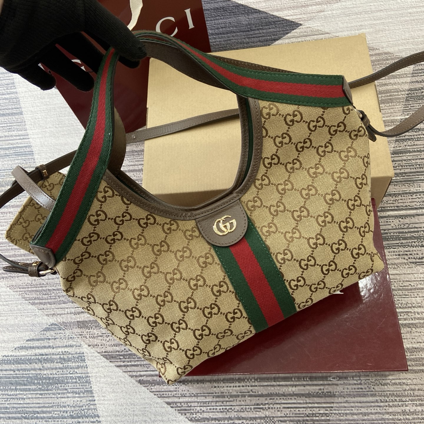Gucci Giglio Small Canvas Tote Bag with Web Trim, Brown/Beige, 25x20x15cm 1 i1757578847239 5221 0 5