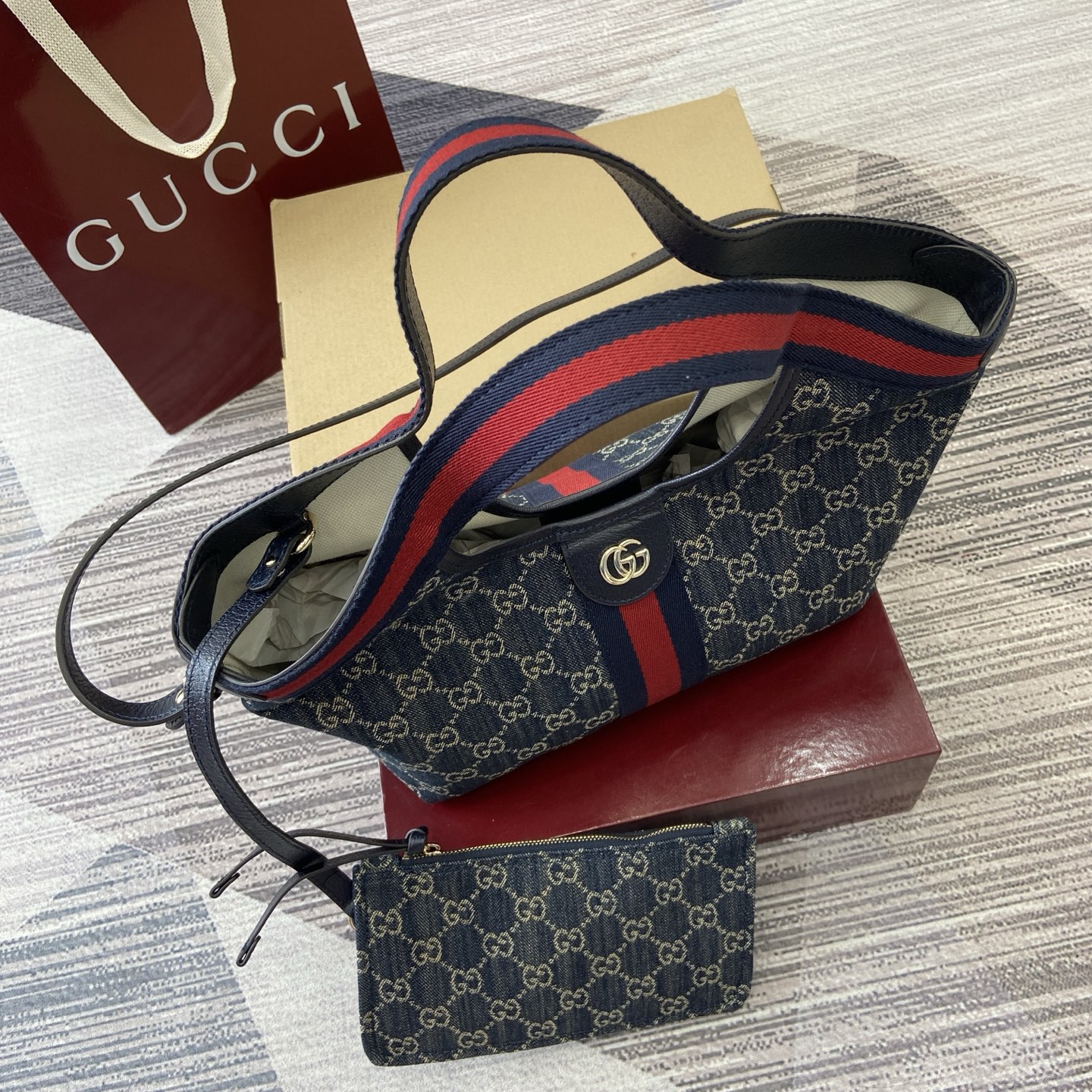Gucci Giglio Small Tote Bag, Blue Denim Canvas with Web Stripe, 25 x 20 x 15 cm 7 i1757578856332 8104 0 4