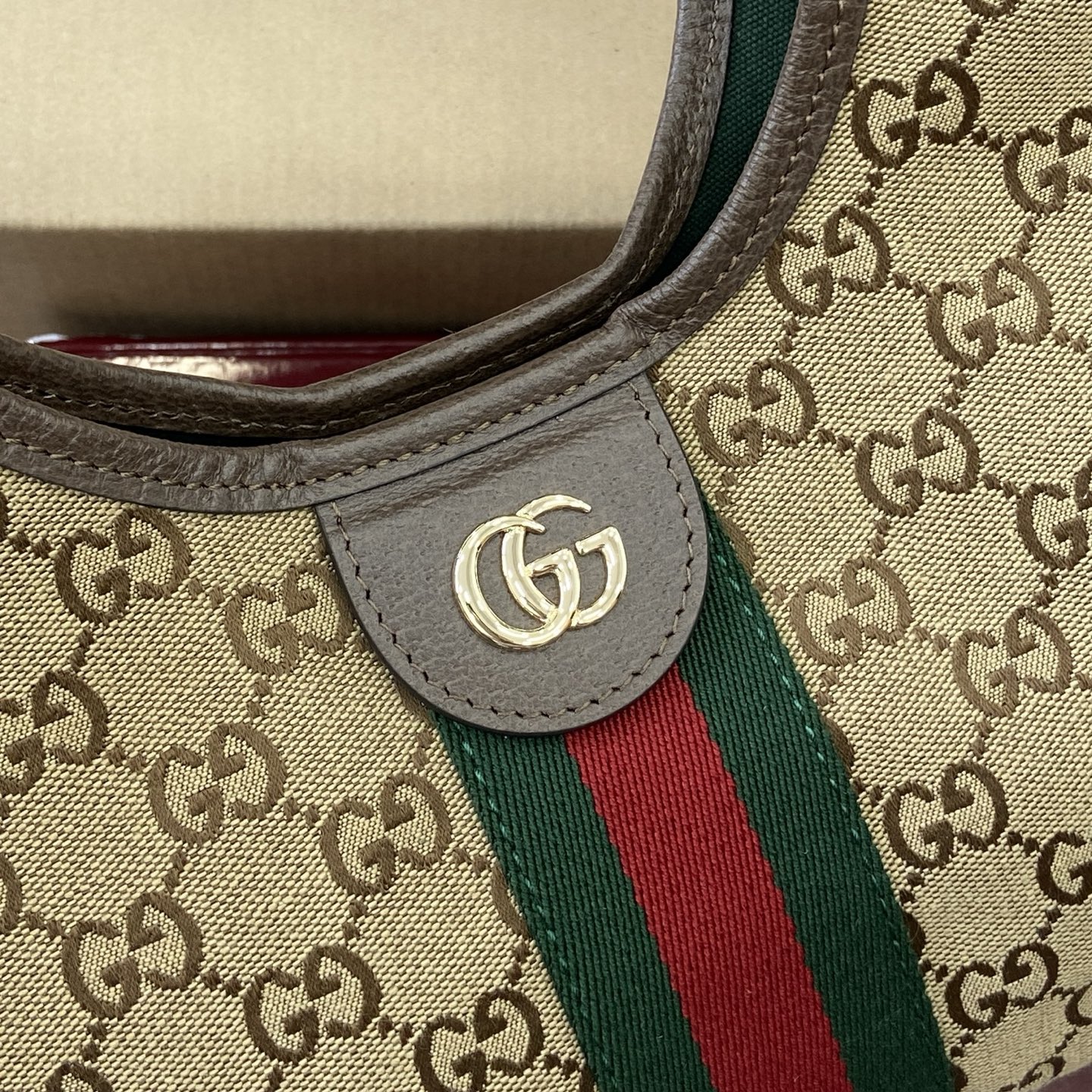 Gucci Giglio Small Canvas Tote Bag with Web Trim, Brown/Beige, 25x20x15cm 7 i1757578866950 3628 0 6