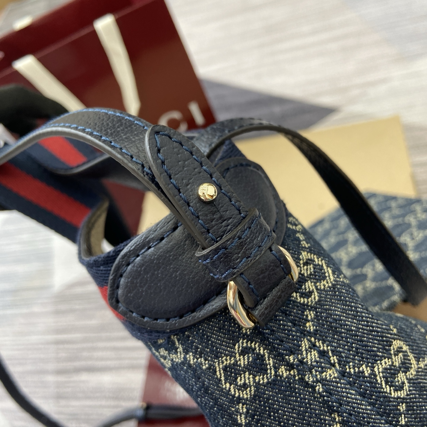 Gucci Giglio Small Tote Bag, Blue Denim Canvas with Web Stripe, 25 x 20 x 15 cm 6 i1757578870652 777 0 3