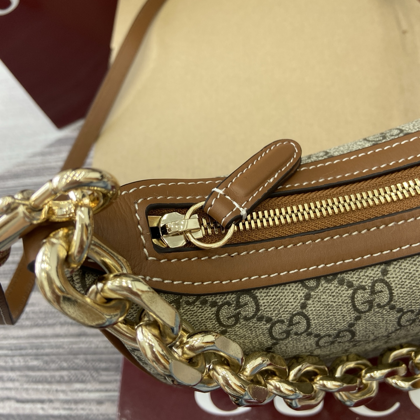 Gucci Emblem Shoulder Bag Beige and Brown GG Coated Canvas with Chain Strap 6 i1757579016665 1715 0 4