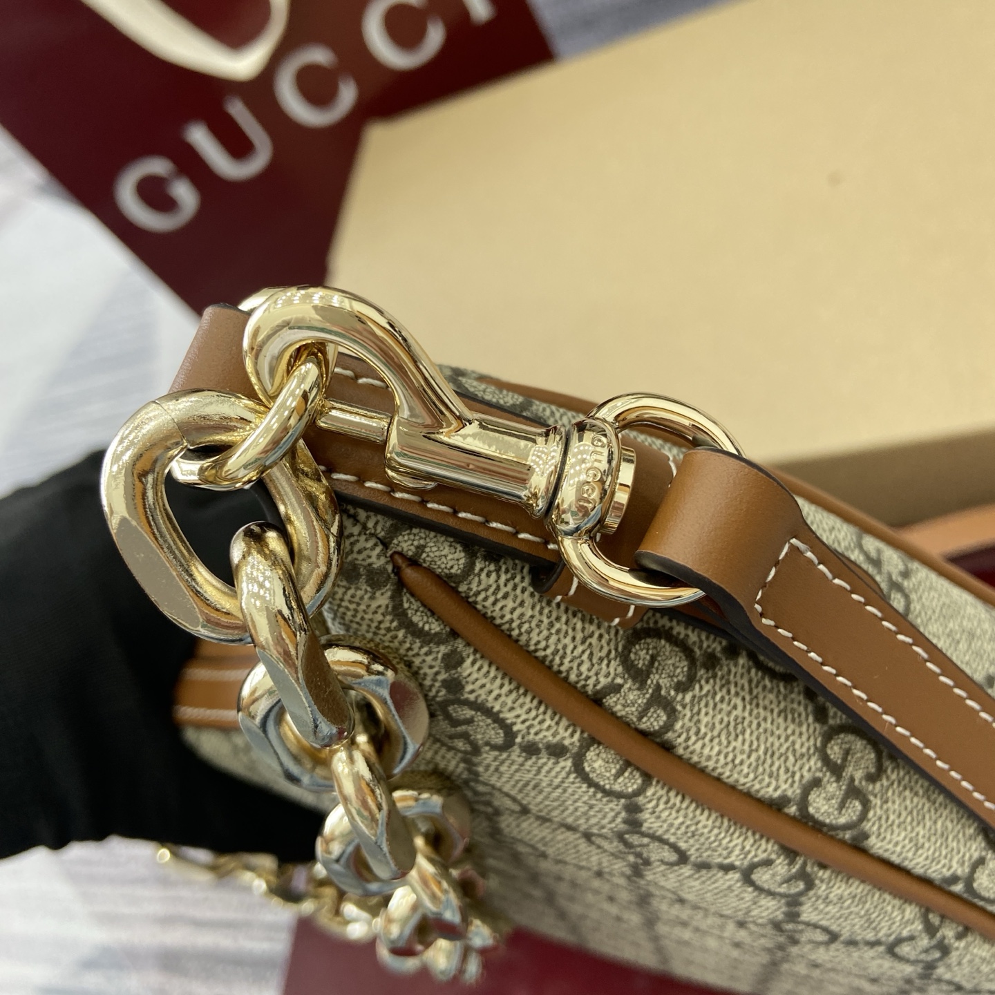 Gucci Emblem Shoulder Bag Beige and Brown GG Coated Canvas with Chain Strap 10 i1757579016699 4156 0 8