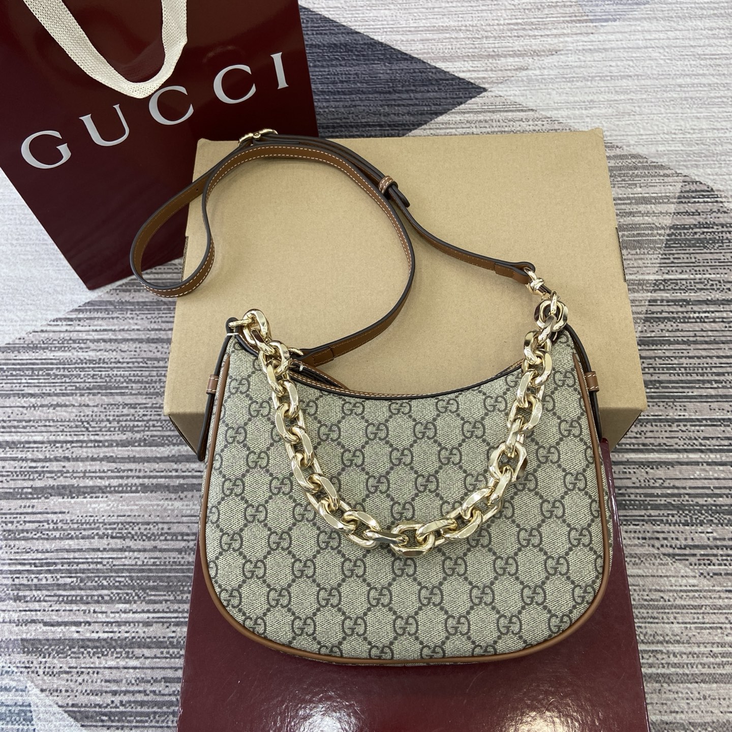 Gucci Emblem Shoulder Bag Beige and Brown GG Coated Canvas with Chain Strap 2 i1757579016758 8060 0 0