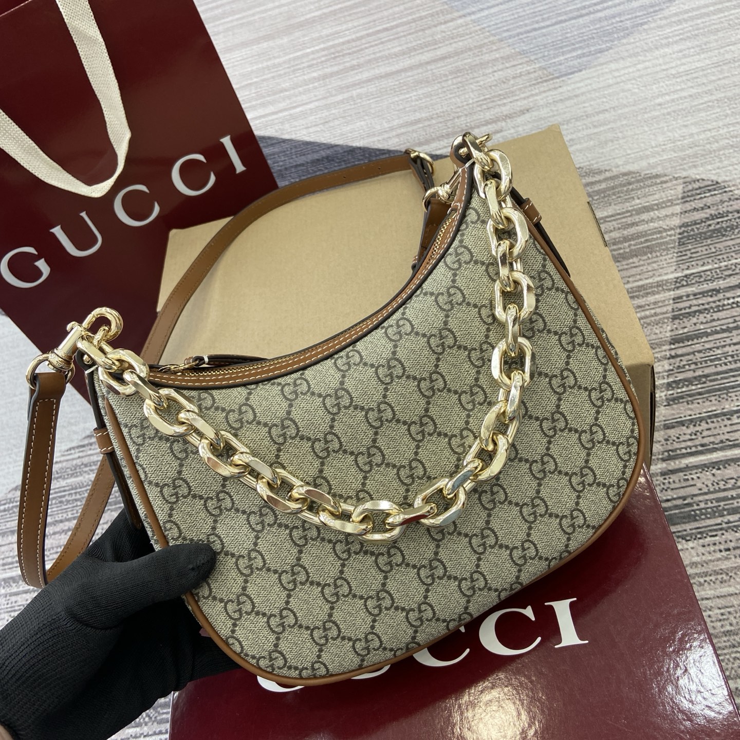 Gucci Emblem Shoulder Bag Beige and Brown GG Coated Canvas with Chain Strap