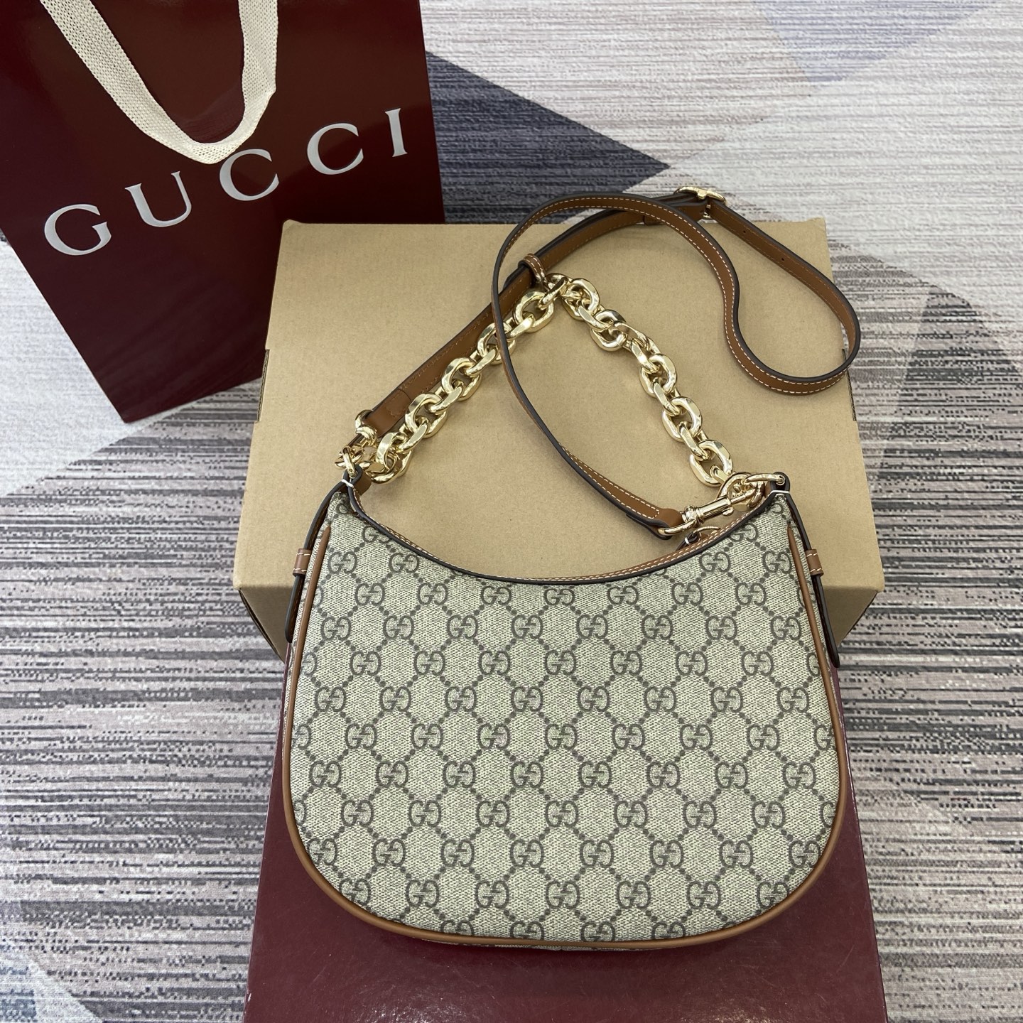Gucci Emblem Shoulder Bag Beige and Brown GG Coated Canvas with Chain Strap 3 i1757579019494 4308 0 1
