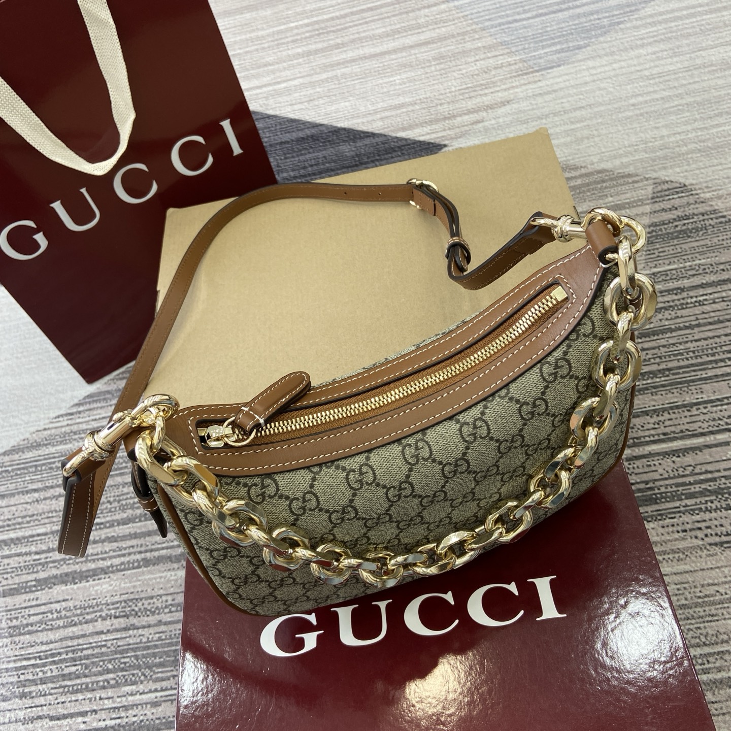 Gucci Emblem Shoulder Bag Beige and Brown GG Coated Canvas with Chain Strap 5 i1757579019539 4403 0 3