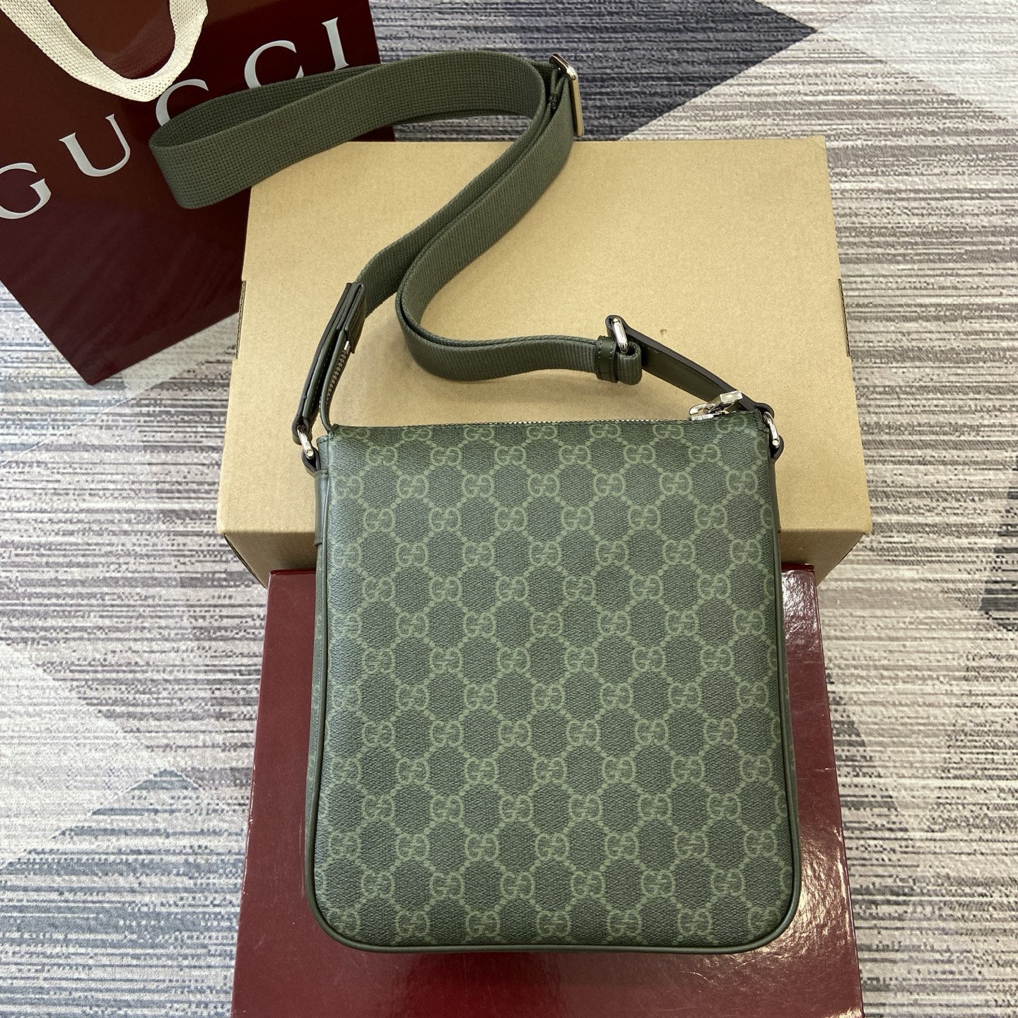 Gucci Supreme Canvas Green Crossbody Bag with Leather Trim and Web Stripe 3 i1757920124357 7310 0 1