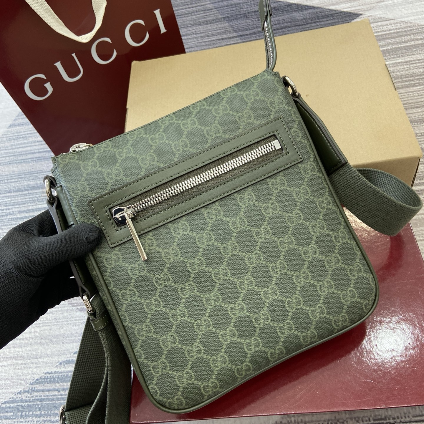 Gucci Supreme Canvas Green Crossbody Bag with Leather Trim and Web Stripe 1 i1757920124431 3032 0 6