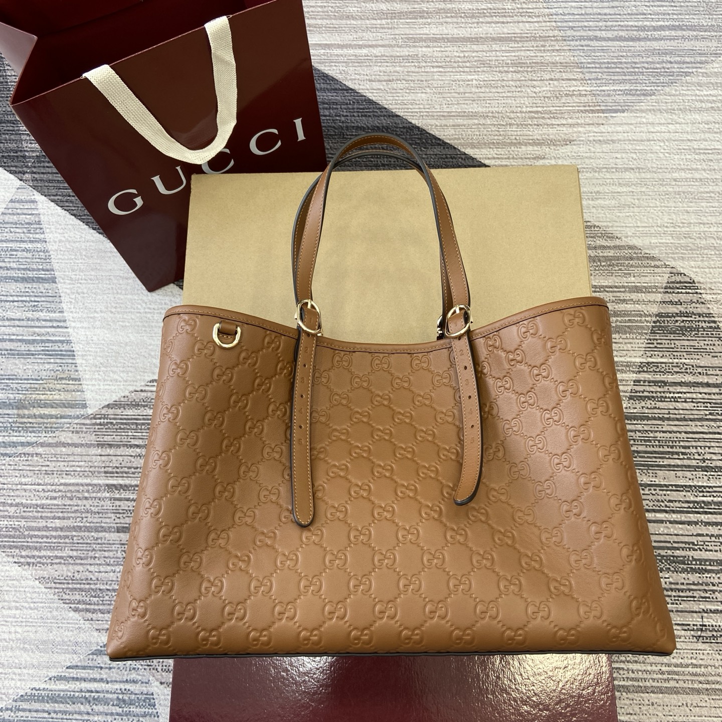 Gucci Emblem Embossed Leather Tote Bag, Brown, 38cm, Adjustable Handle 3 i1758184520720 8990 0 0